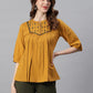 Janasya Women's Mustard Cotton Flex Embroidered A-Line Top | Swadesiicart