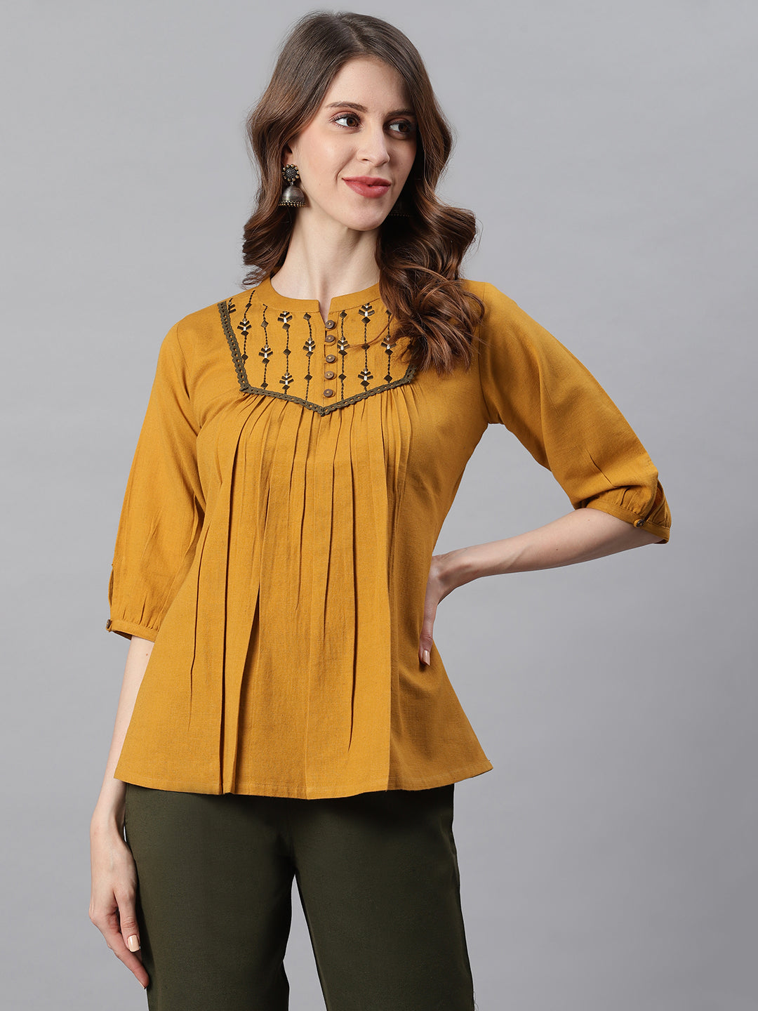 Janasya Women's Mustard Cotton Flex Embroidered A-Line Top | Swadesiicart