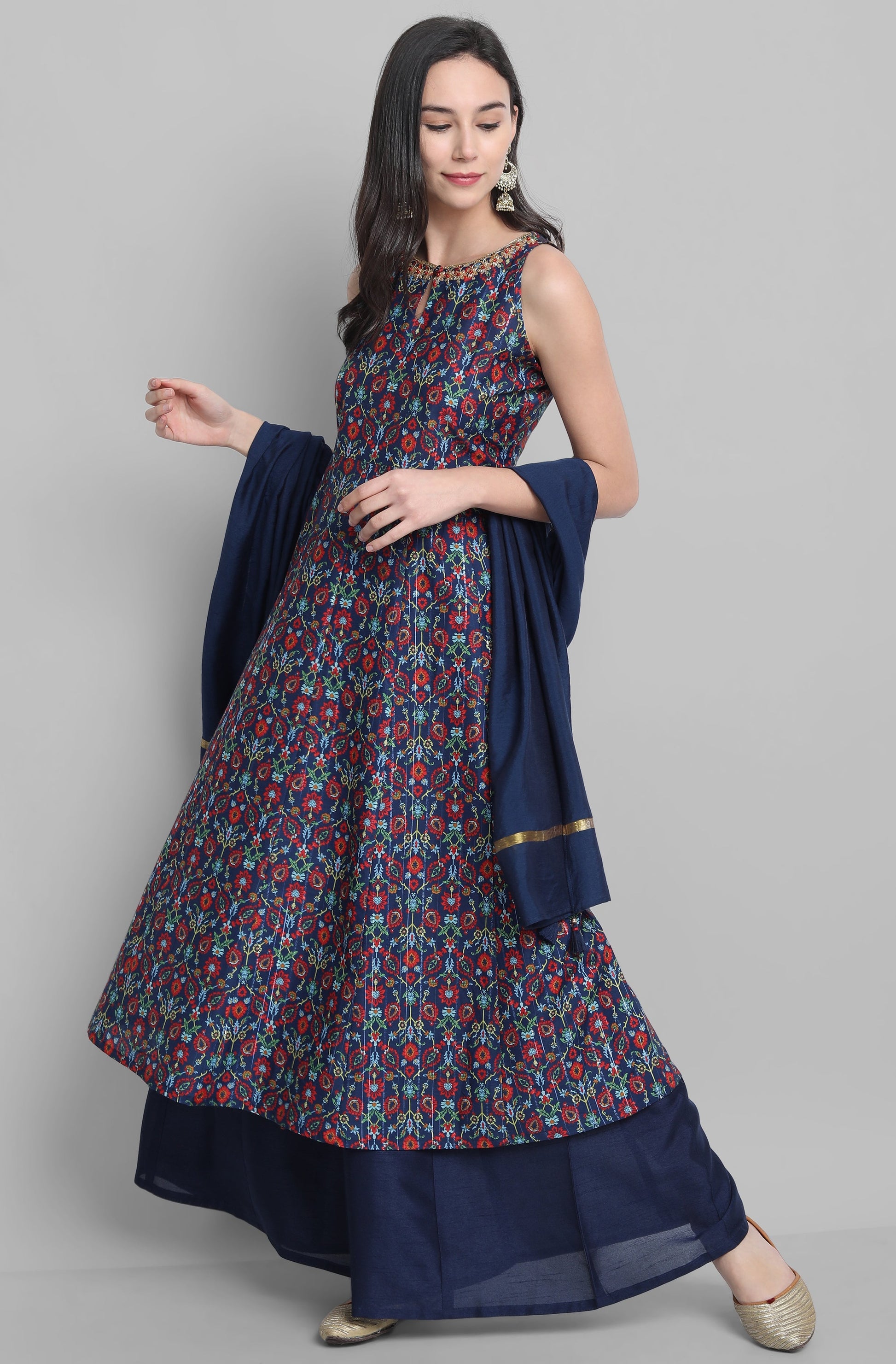 Janasya Women's Blue Poly Muslin Embroidered Kurta With Palazzo And Dupatta | Swadesiicart