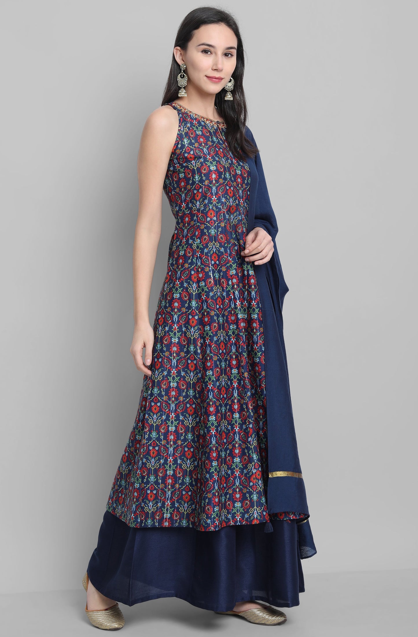 Janasya Women's Blue Poly Muslin Embroidered Kurta With Palazzo And Dupatta | Swadesiicart