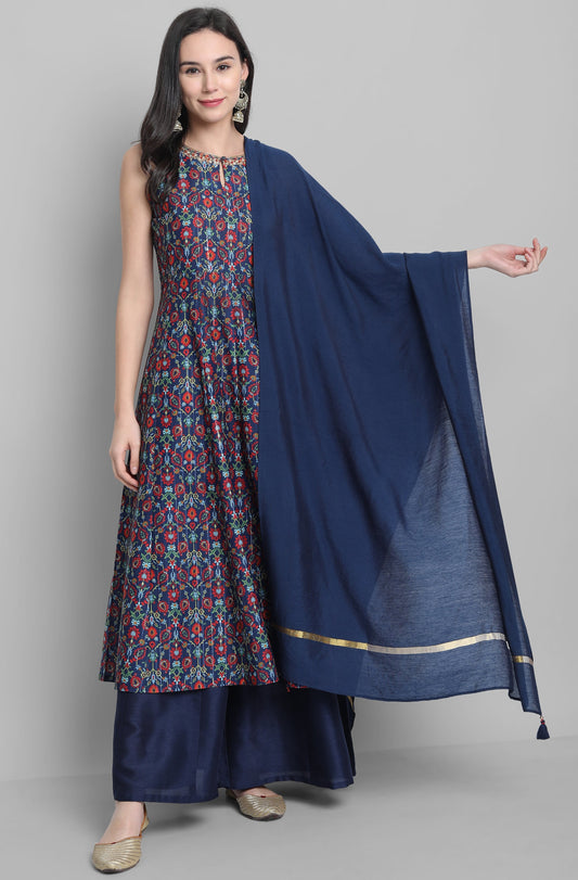 Janasya Women's Blue Poly Muslin Embroidered Kurta With Palazzo And Dupatta | Swadesiicart