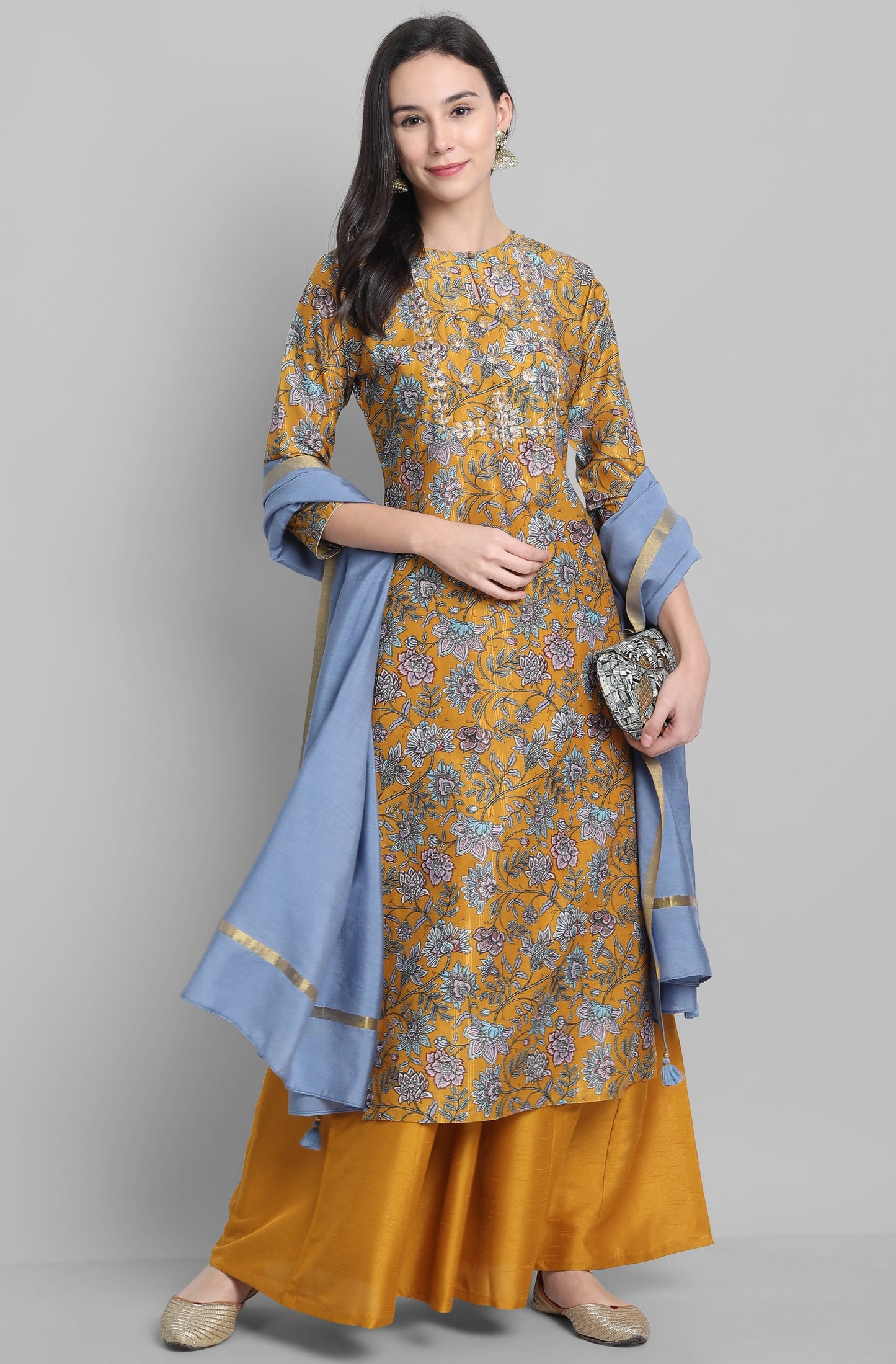 Janasya Women's Mustard Poly Muslin Embroidered Kurta With Palazzo And Dupatta | Swadesiicart
