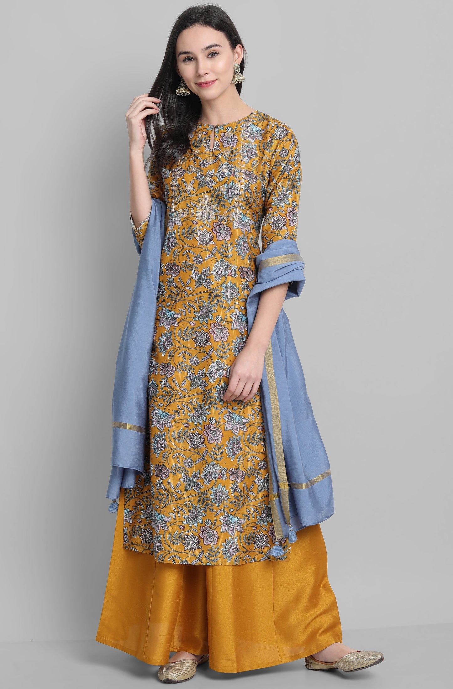 Janasya Women's Mustard Poly Muslin Embroidered Kurta With Palazzo And Dupatta | Swadesiicart