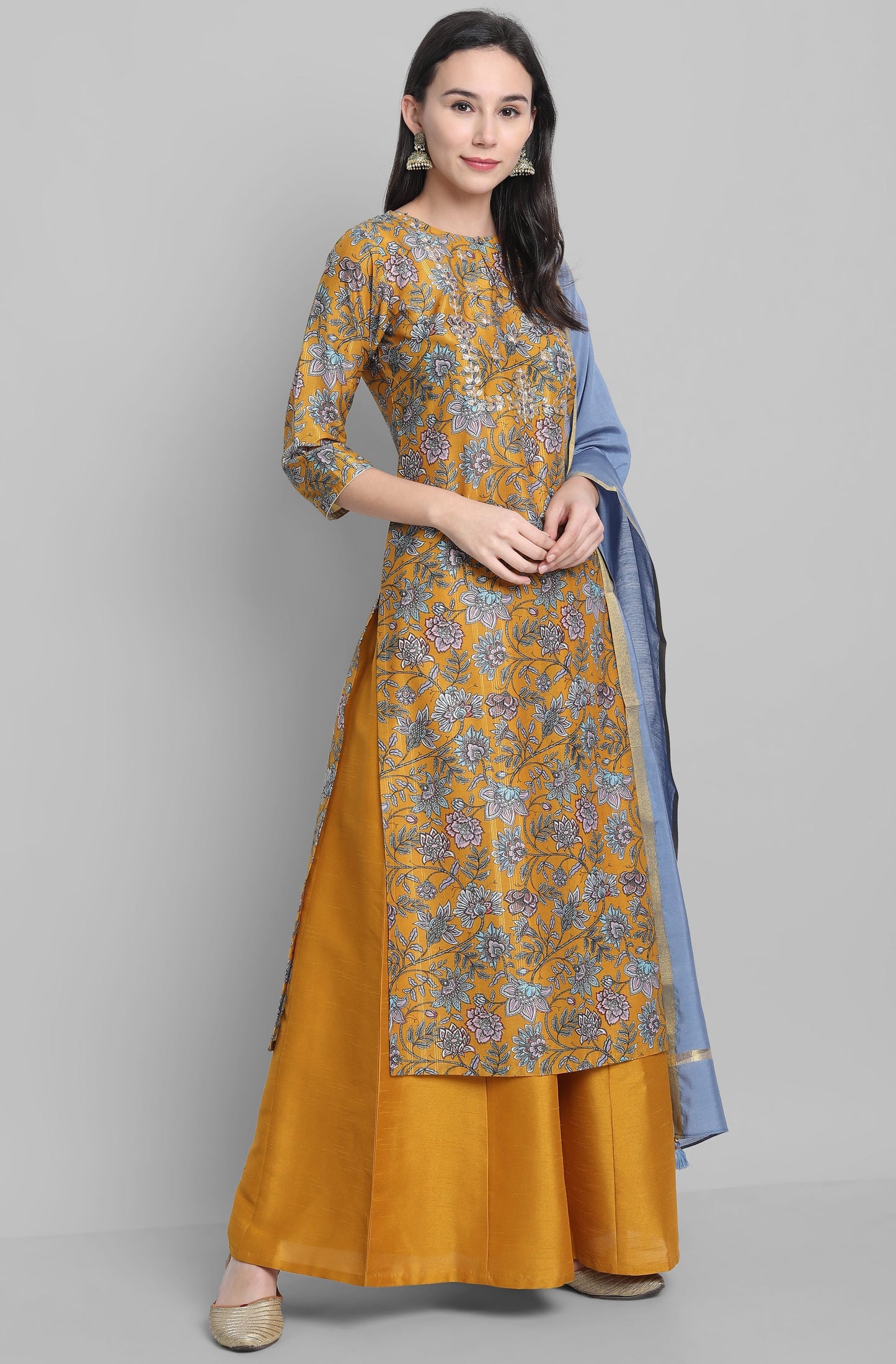 Janasya Women's Mustard Poly Muslin Embroidered Kurta With Palazzo And Dupatta | Swadesiicart