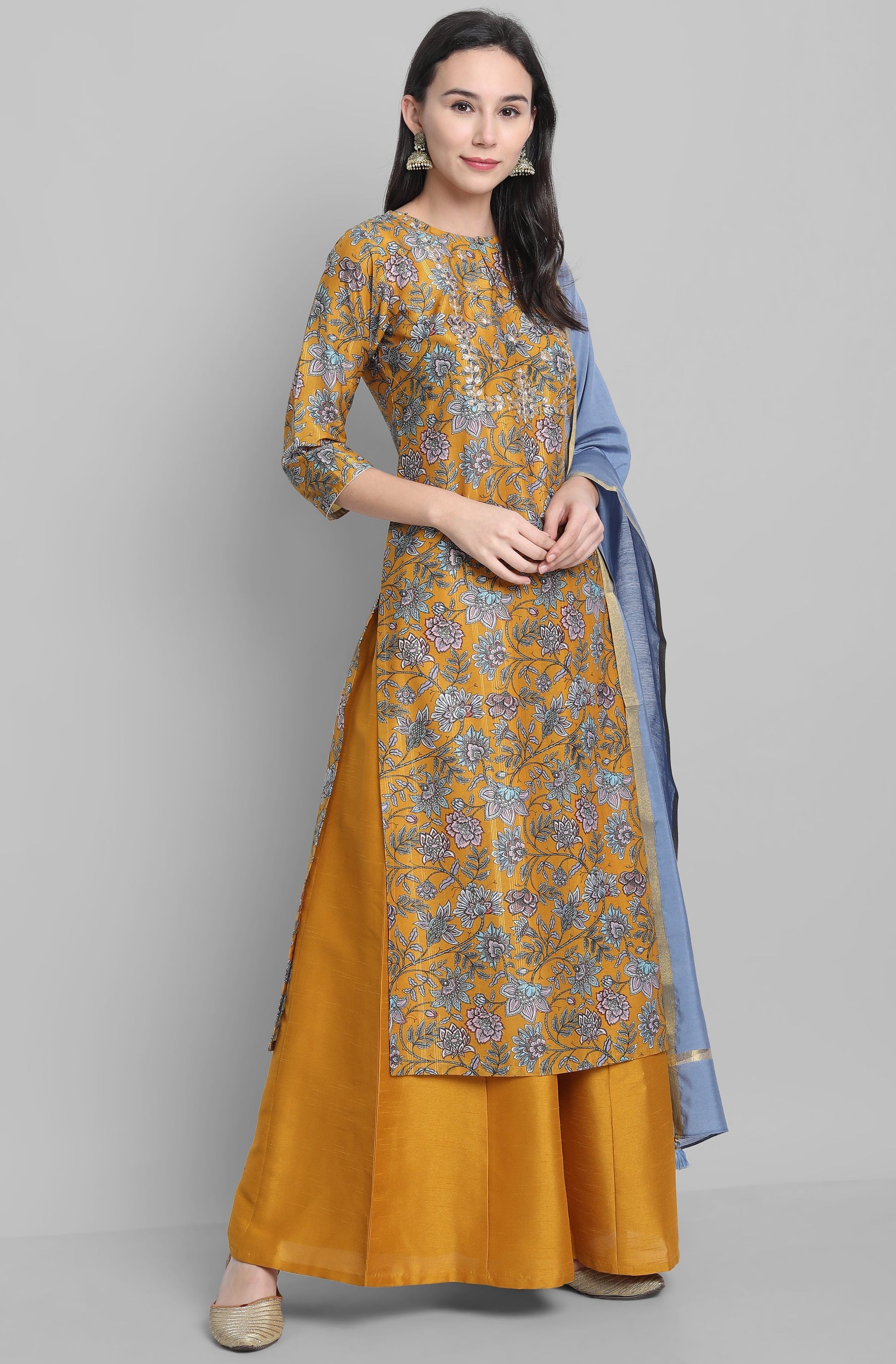 Janasya Women's Mustard Poly Muslin Embroidered Kurta With Palazzo And Dupatta | Swadesiicart