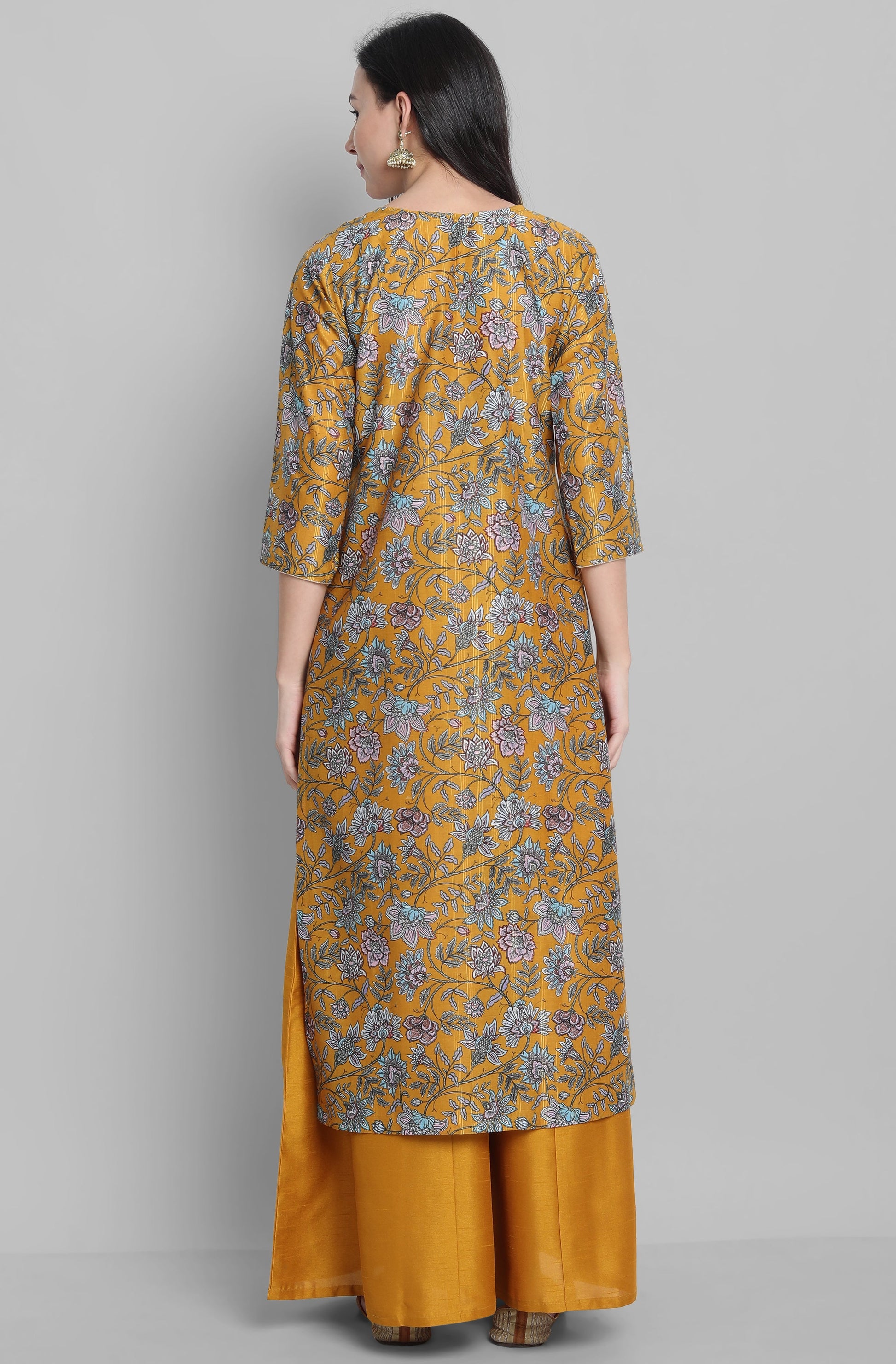 Janasya Women's Mustard Poly Muslin Embroidered Kurta With Palazzo And Dupatta | Swadesiicart