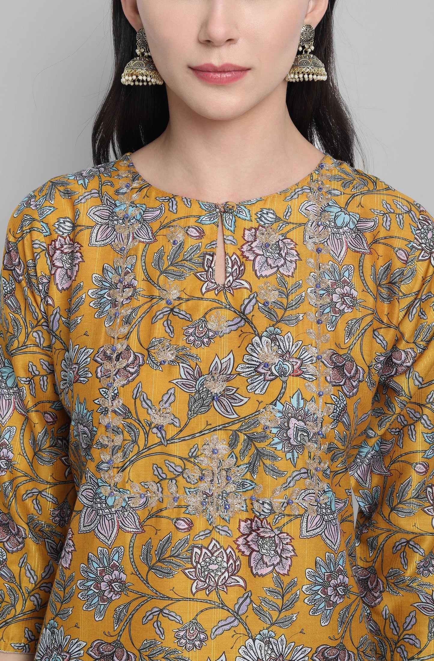 Janasya Women's Mustard Poly Muslin Embroidered Kurta With Palazzo And Dupatta | Swadesiicart
