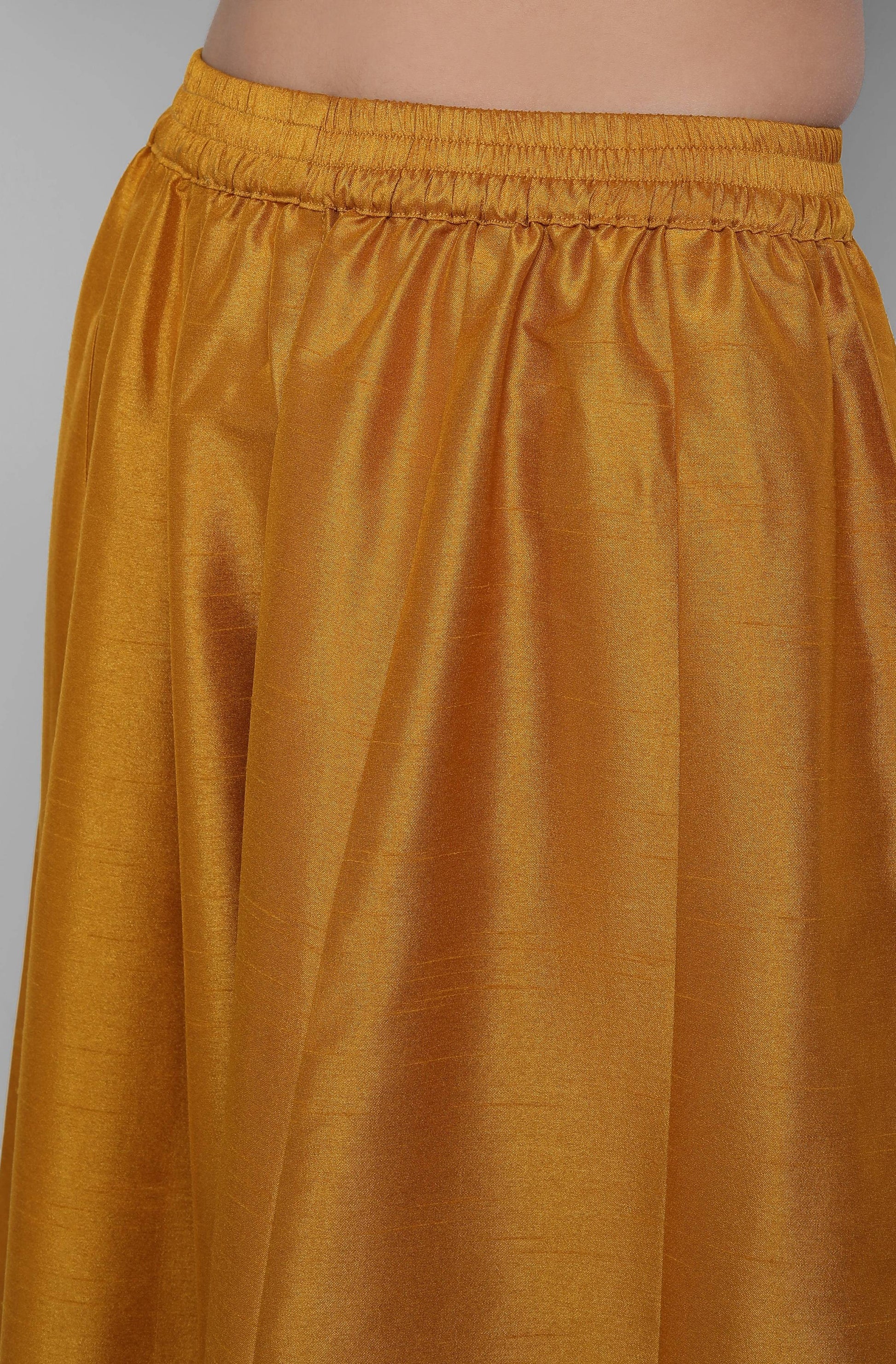 Janasya Women's Mustard Poly Muslin Embroidered Kurta With Palazzo And Dupatta | Swadesiicart