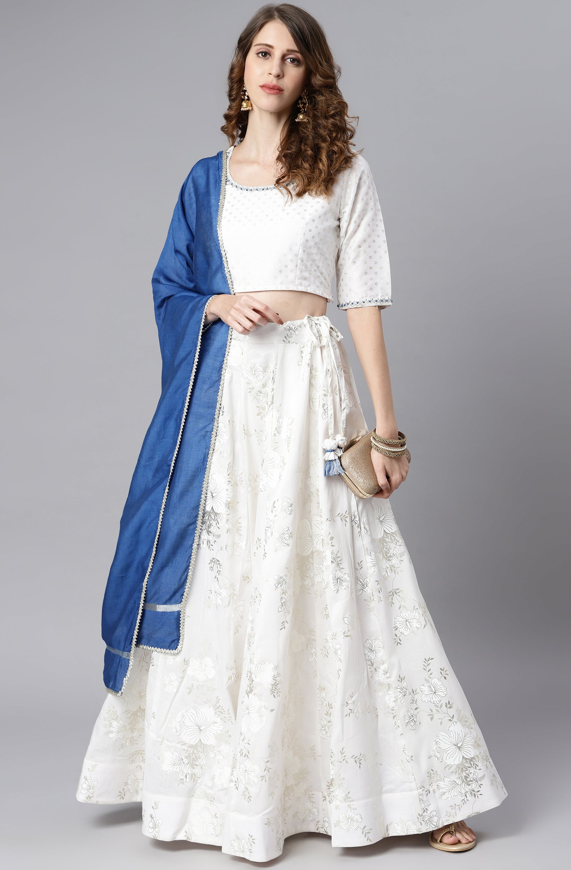 Janasya Women's White Poly Silk Floral Print Lehenga Choli With Dupatta | Swadesiicart