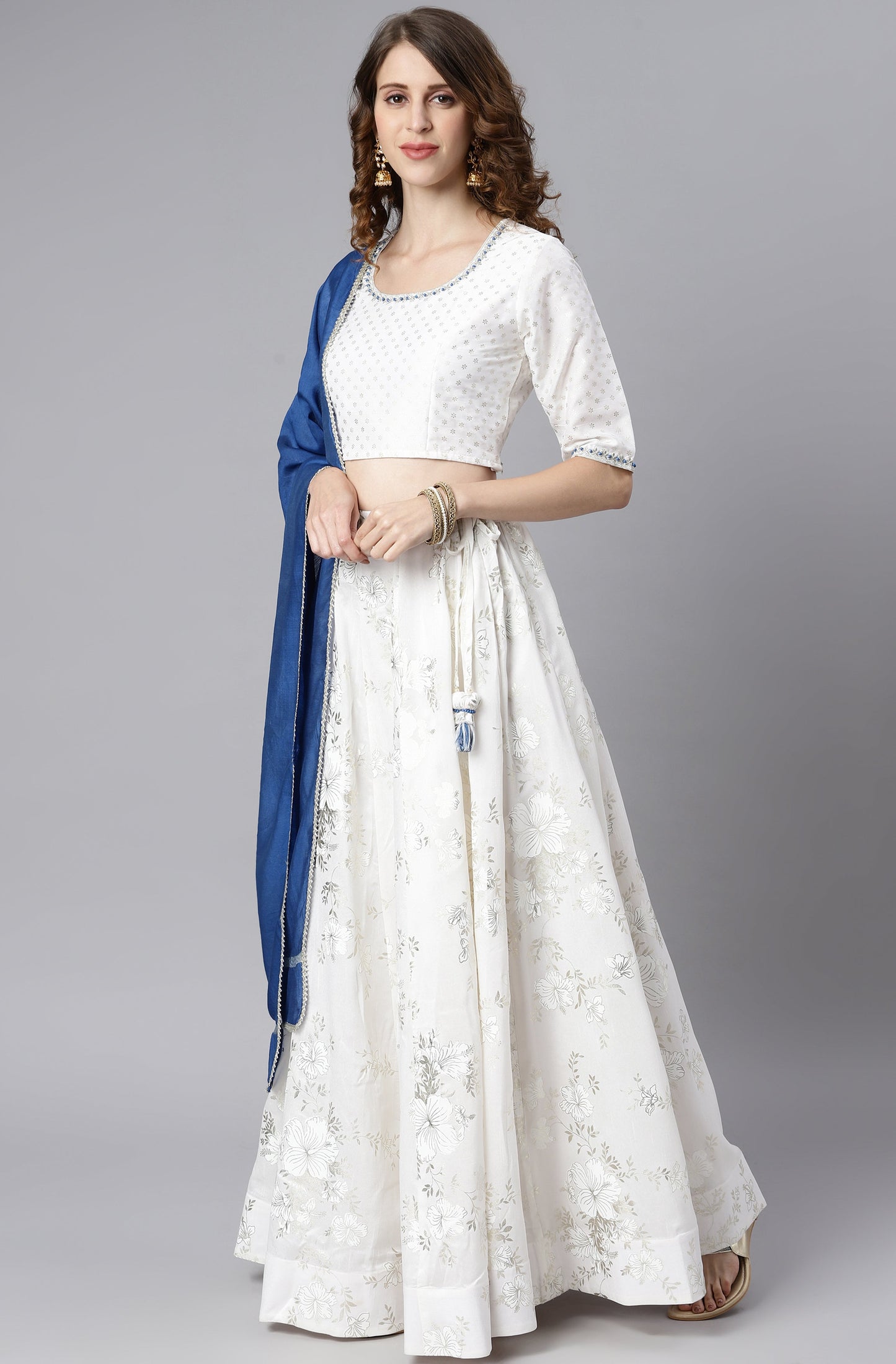 Janasya Women's White Poly Silk Floral Print Lehenga Choli With Dupatta | Swadesiicart