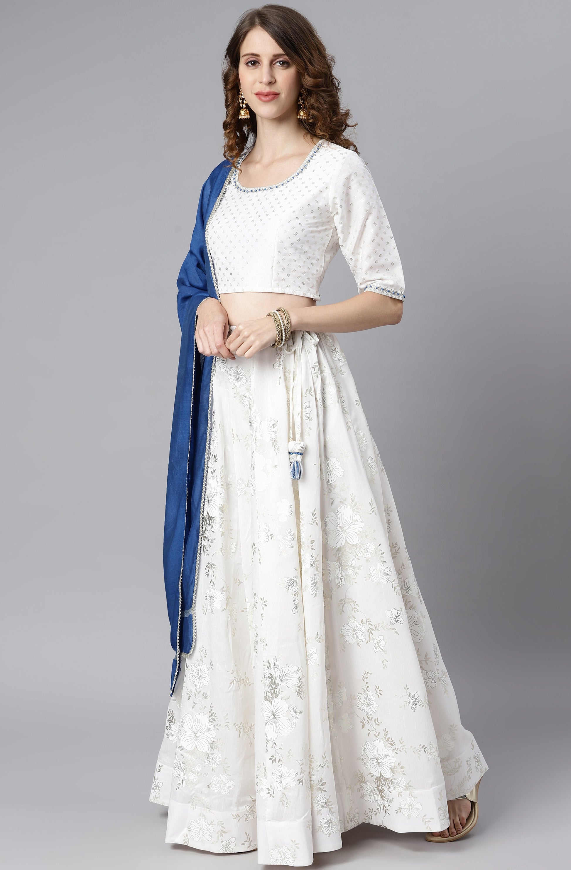 Janasya Women's White Poly Silk Floral Print Lehenga Choli With Dupatta | Swadesiicart