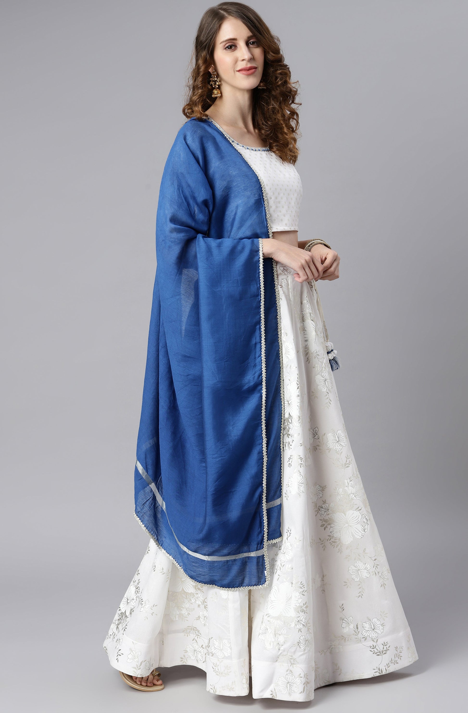 Janasya Women's White Poly Silk Floral Print Lehenga Choli With Dupatta | Swadesiicart