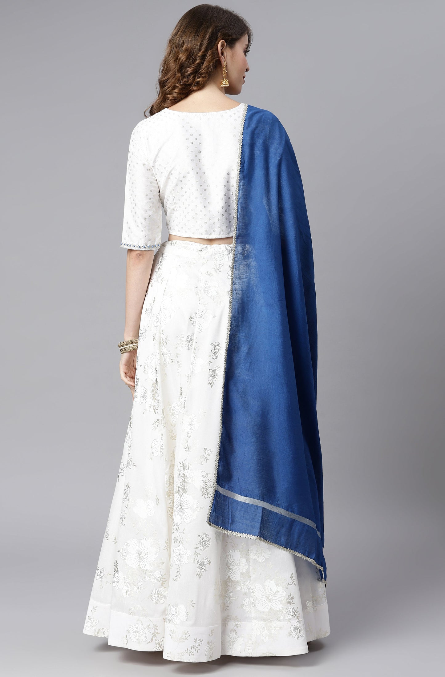 Janasya Women's White Poly Silk Floral Print Lehenga Choli With Dupatta | Swadesiicart