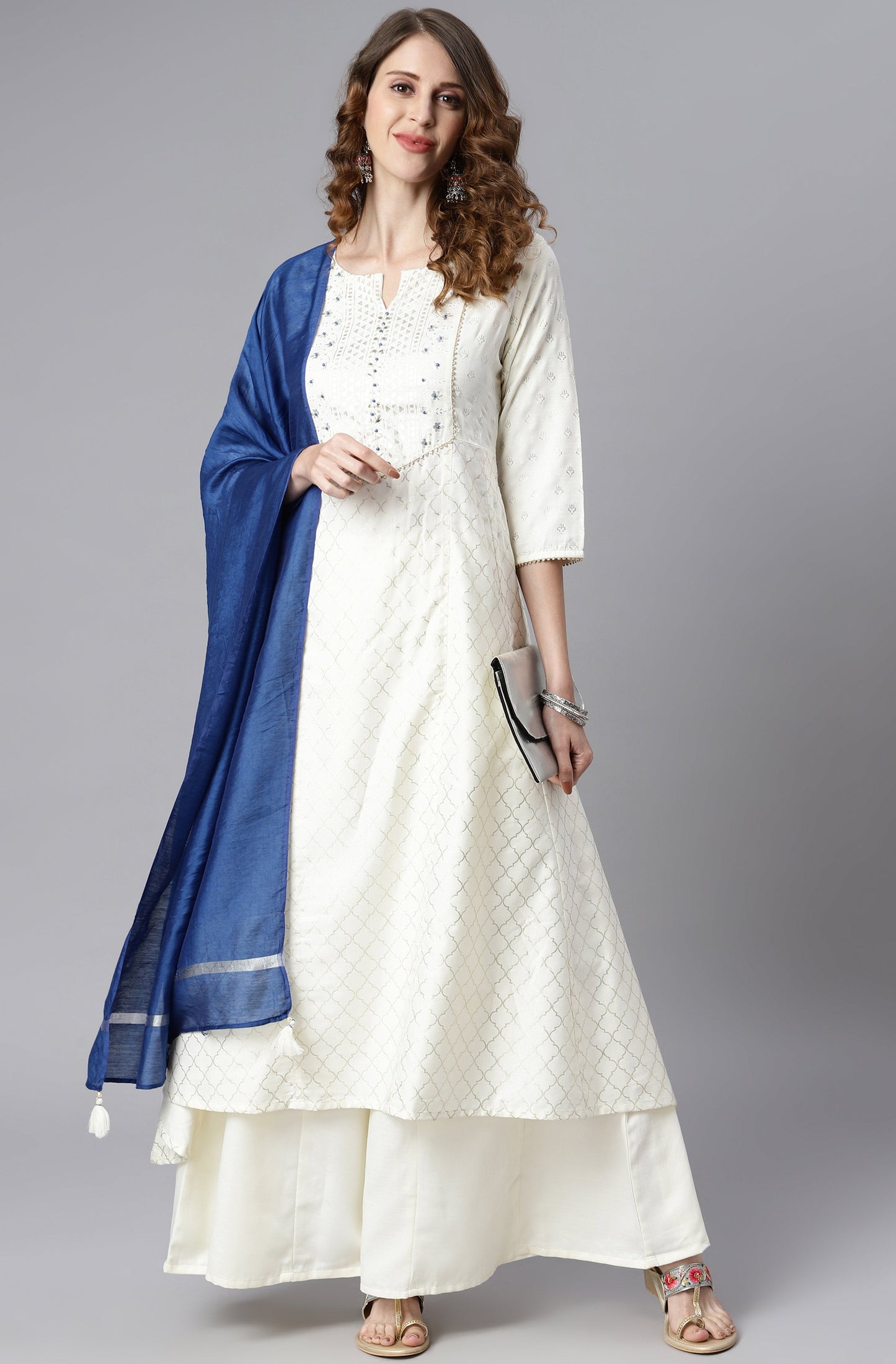 Janasya Women's Off- White Poly Silk Ethnic Motifs Kurta With Palazzo And Dupatta | Swadesiicart