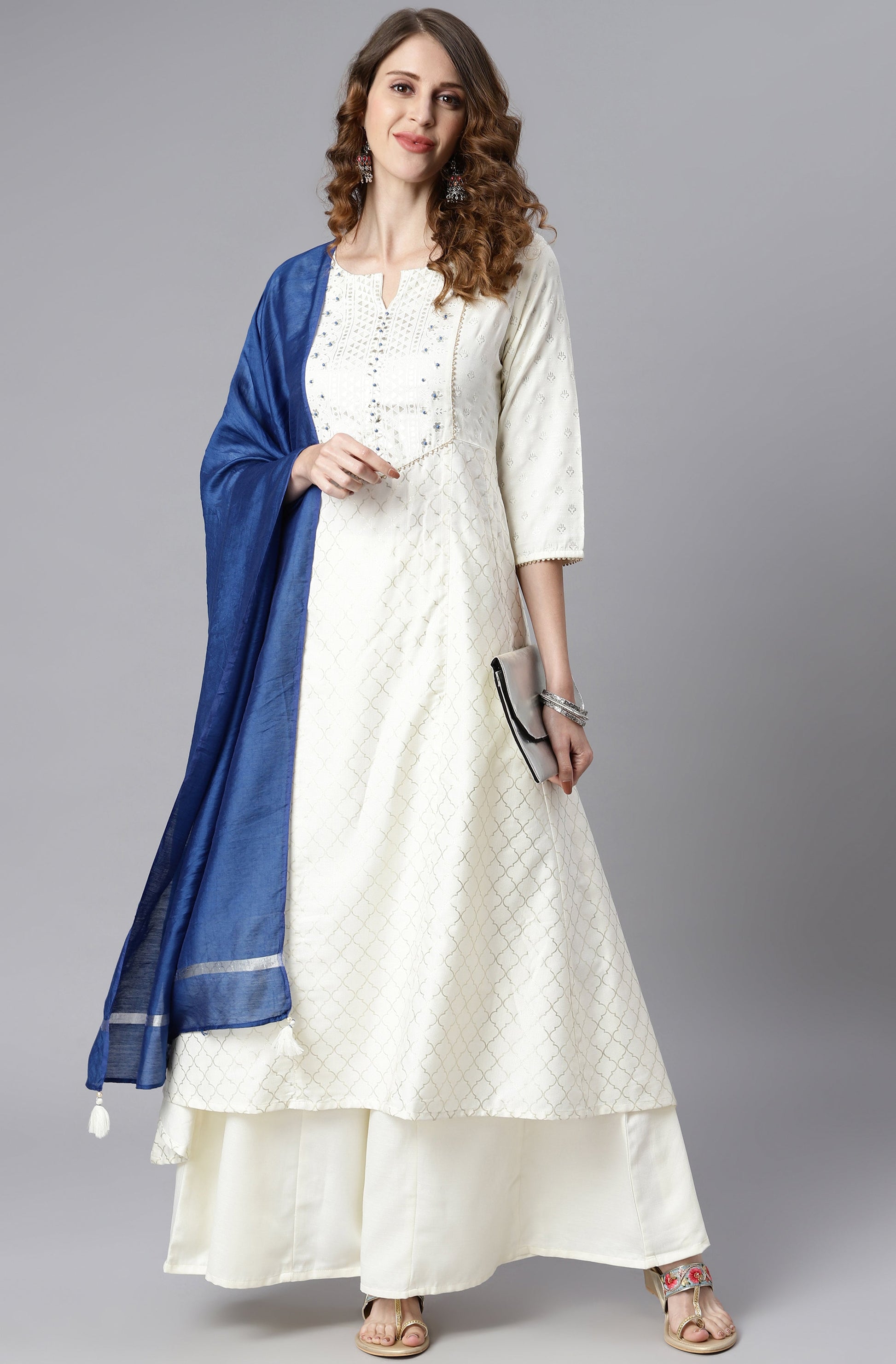 Janasya Women's Off- White Poly Silk Ethnic Motifs Kurta With Palazzo And Dupatta | Swadesiicart