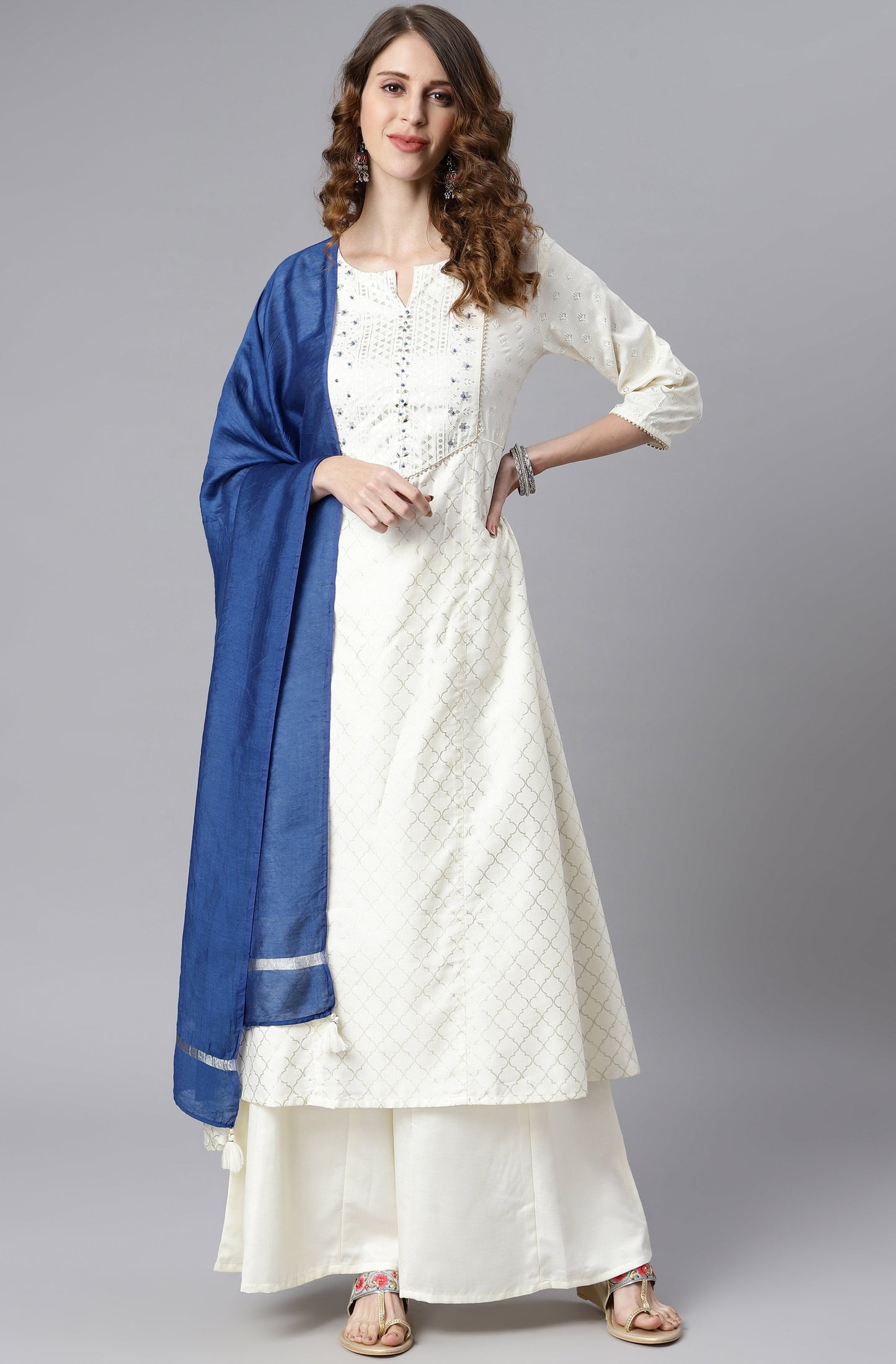 Janasya Women's Off- White Poly Silk Ethnic Motifs Kurta With Palazzo And Dupatta | Swadesiicart