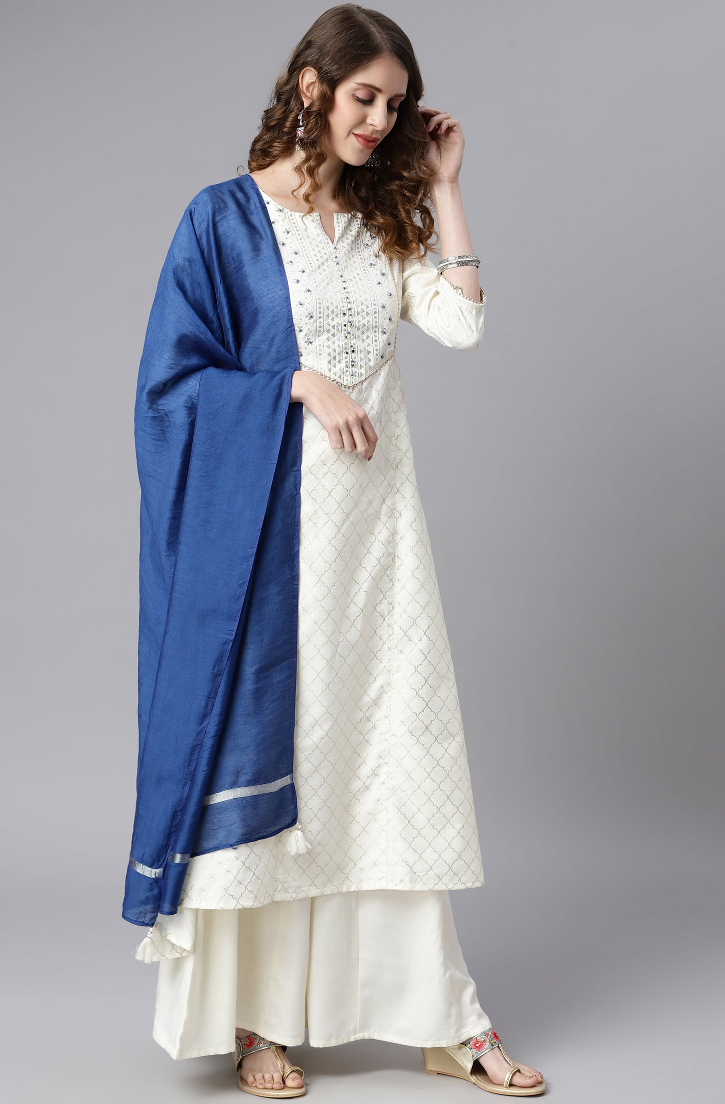 Janasya Women's Off- White Poly Silk Ethnic Motifs Kurta With Palazzo And Dupatta | Swadesiicart