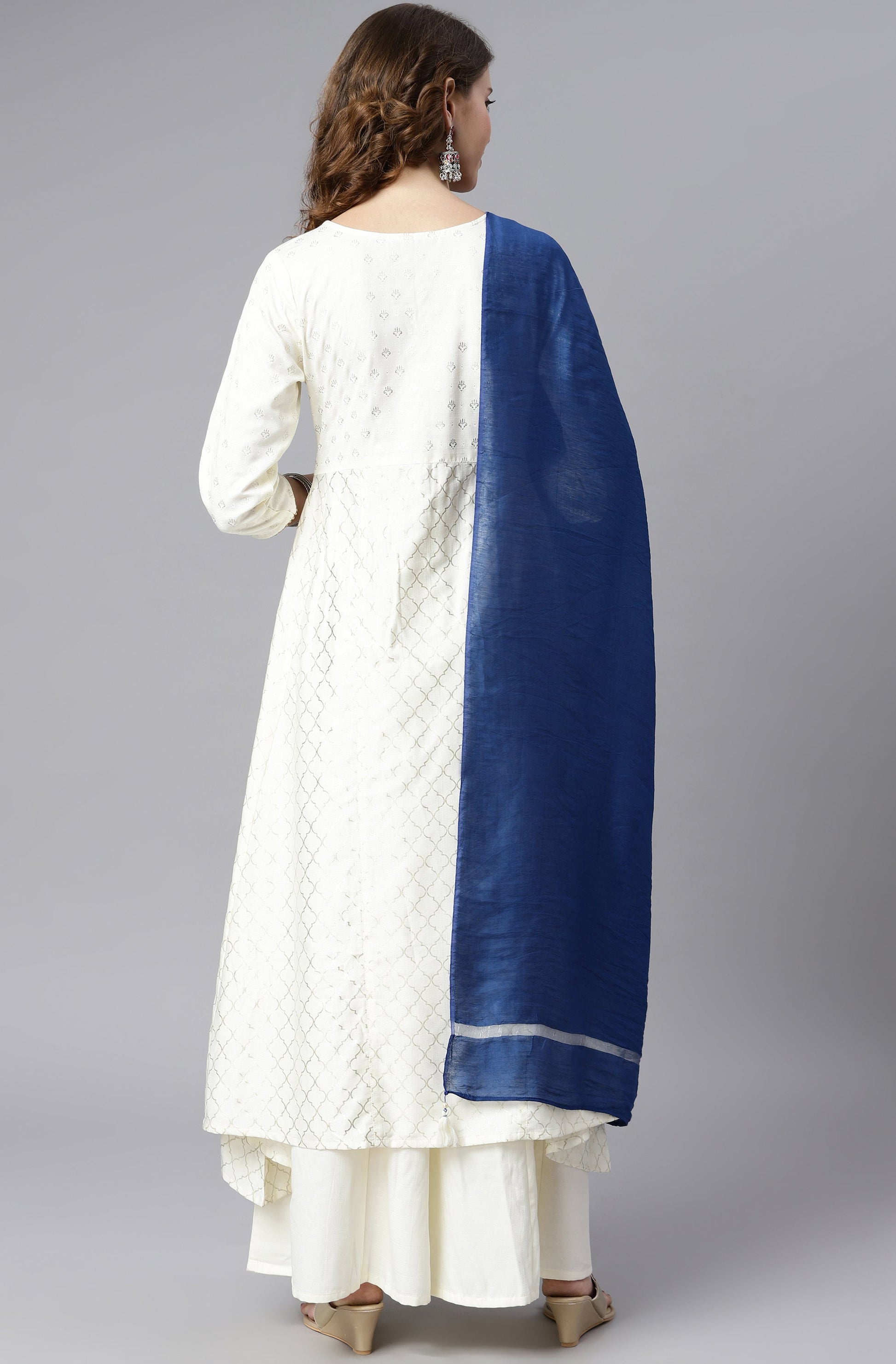 Janasya Women's Off- White Poly Silk Ethnic Motifs Kurta With Palazzo And Dupatta | Swadesiicart