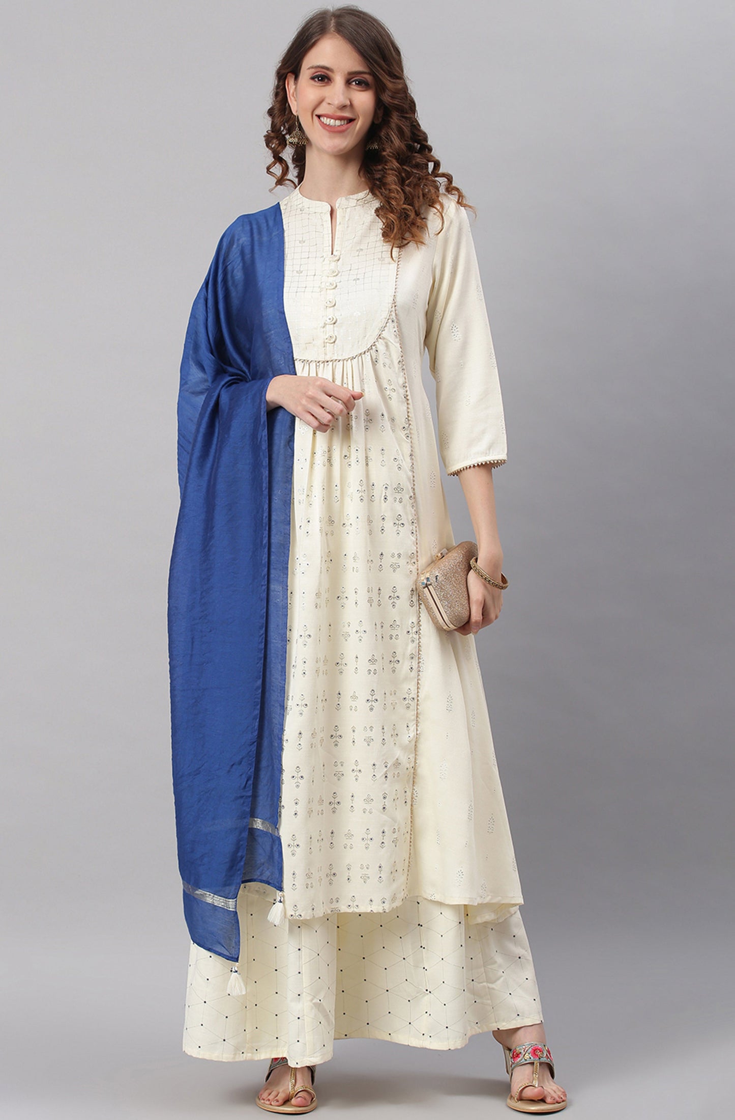 Janasya Women's Off- White Poly Silk Ethnic Motifs Kurta With Palazzo And Dupatta | Swadesiicart