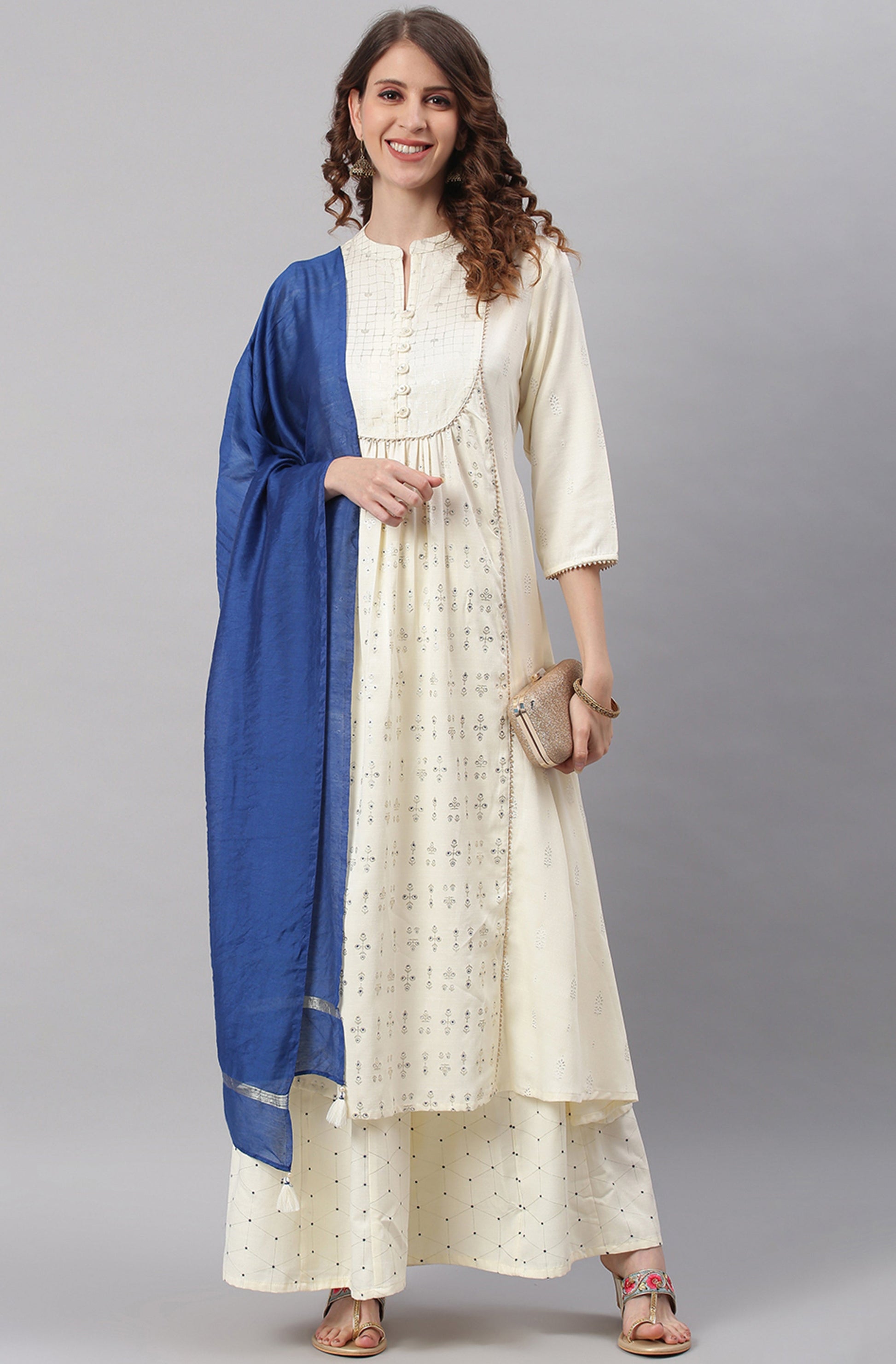 Janasya Women's Off- White Poly Silk Ethnic Motifs Kurta With Palazzo And Dupatta | Swadesiicart