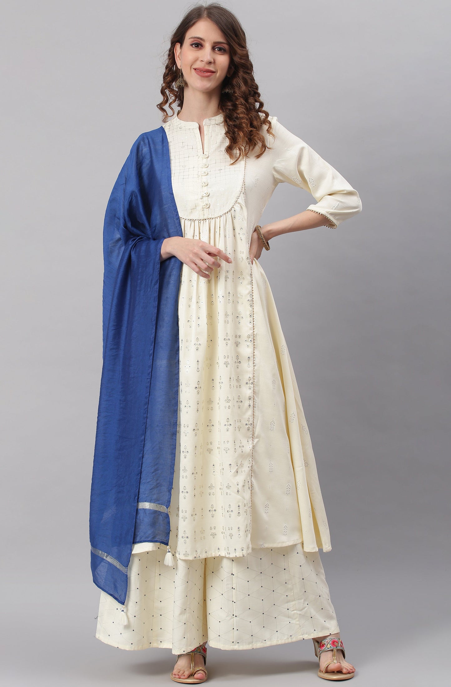 Janasya Women's Off- White Poly Silk Ethnic Motifs Kurta With Palazzo And Dupatta | Swadesiicart