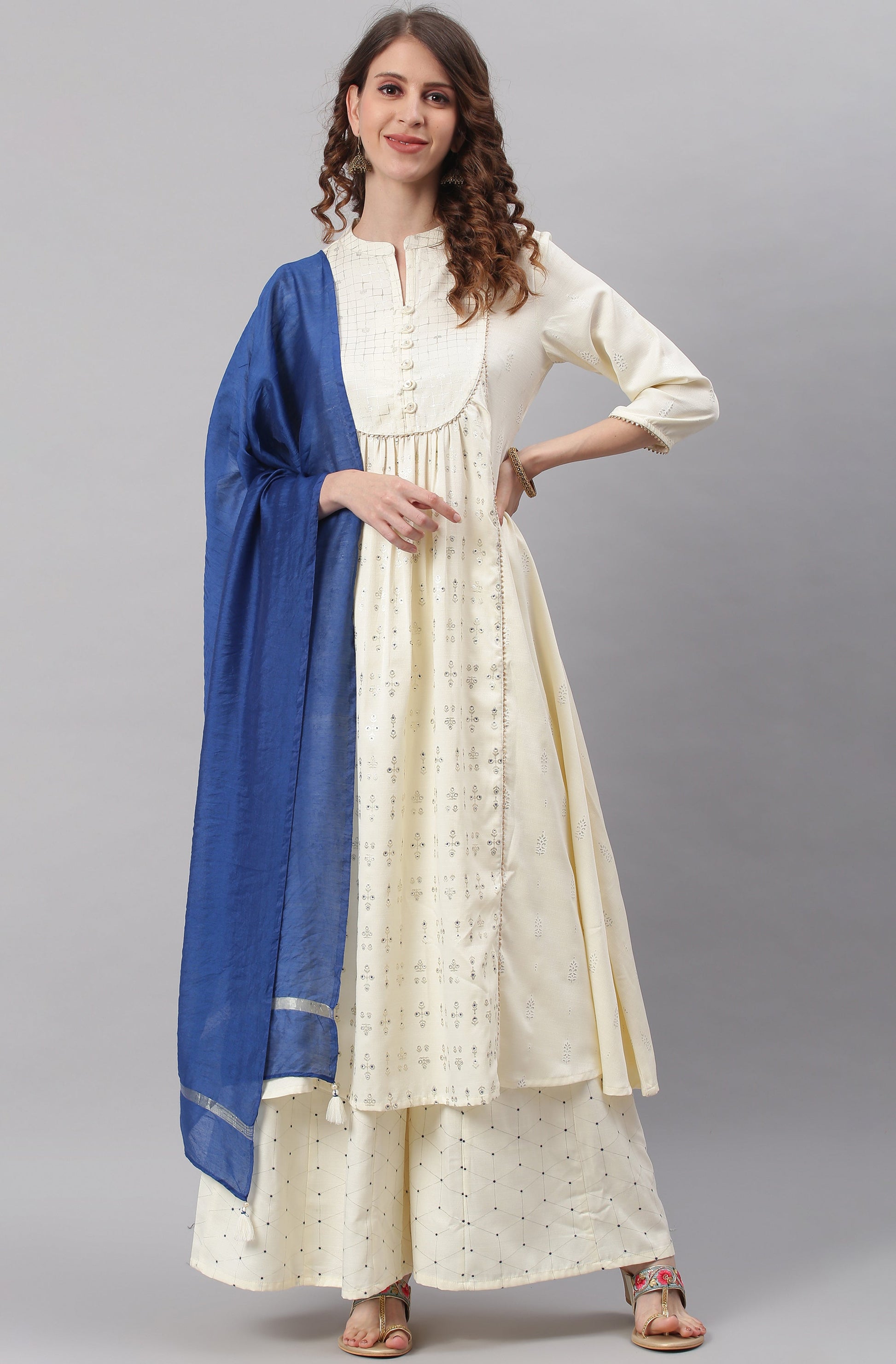 Janasya Women's Off- White Poly Silk Ethnic Motifs Kurta With Palazzo And Dupatta | Swadesiicart