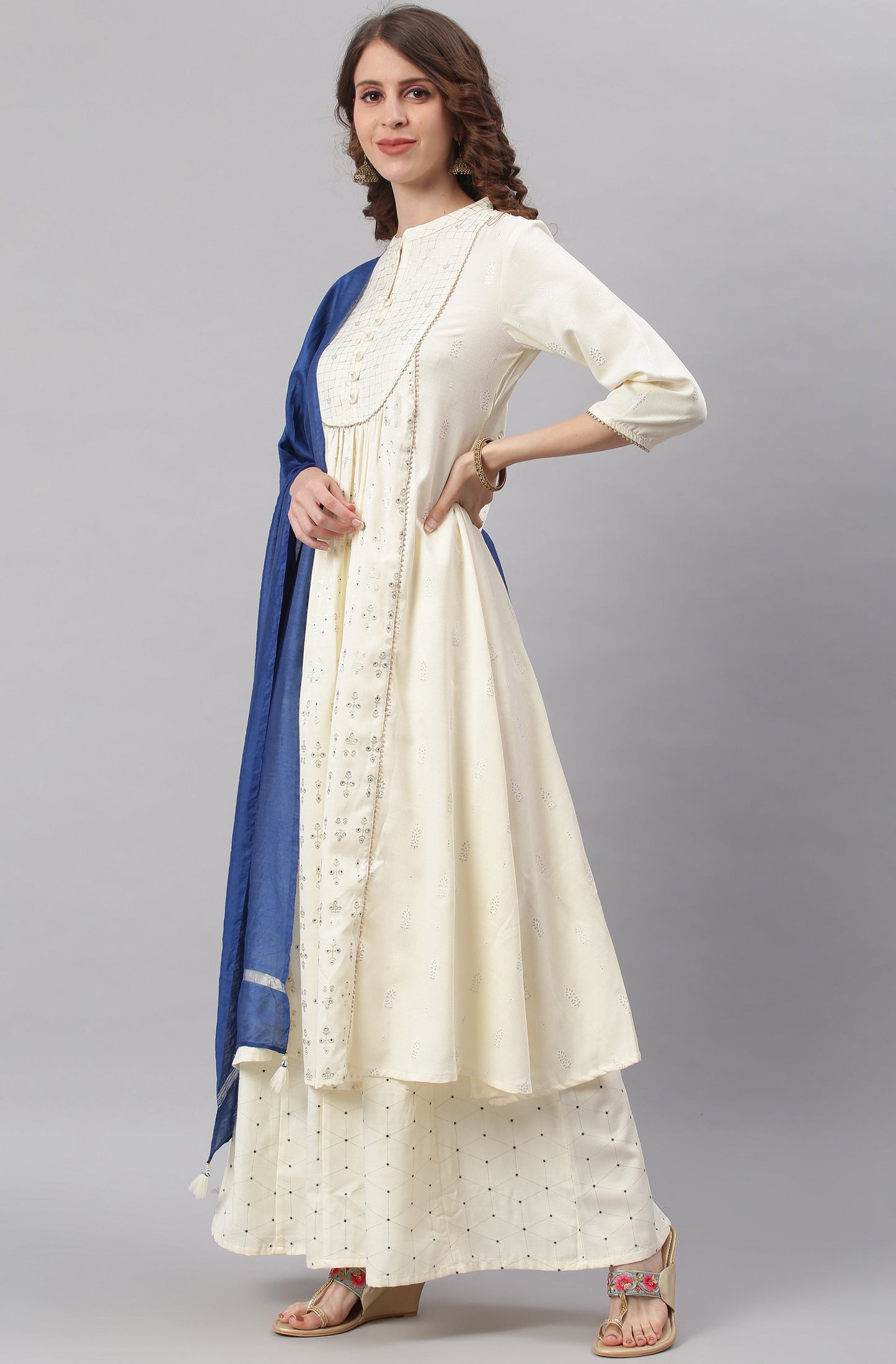 Janasya Women's Off- White Poly Silk Ethnic Motifs Kurta With Palazzo And Dupatta | Swadesiicart