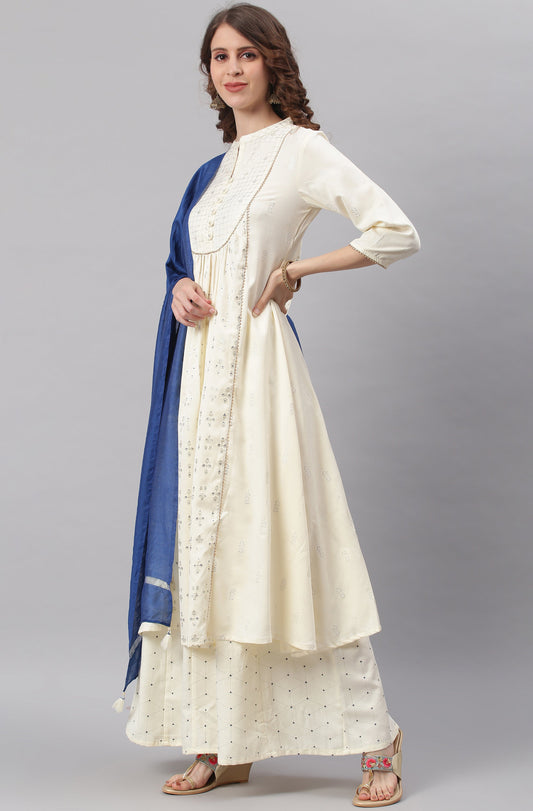 Janasya Women's Off- White Poly Silk Ethnic Motifs Kurta With Palazzo And Dupatta | Swadesiicart