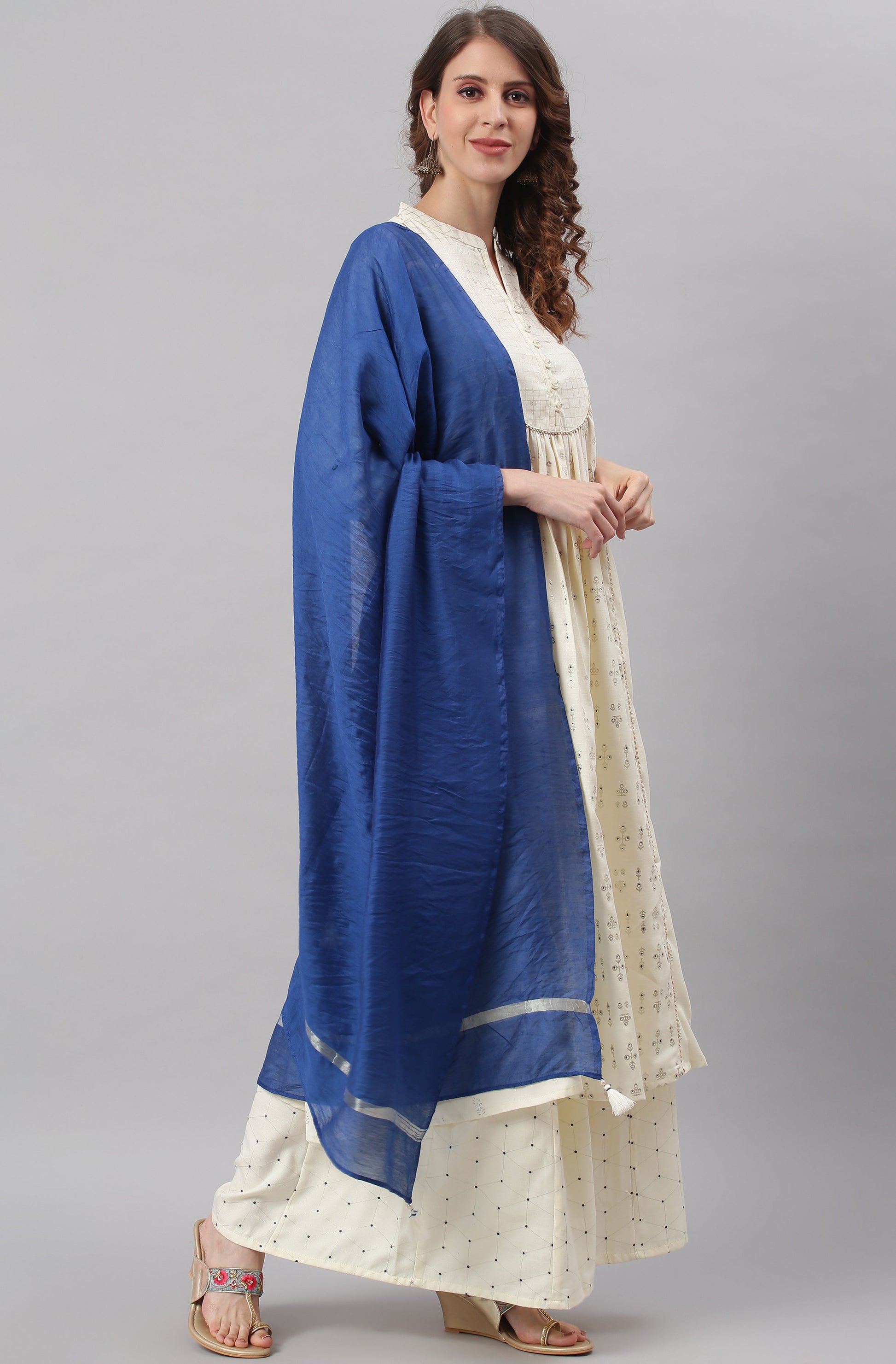 Janasya Women's Off- White Poly Silk Ethnic Motifs Kurta With Palazzo And Dupatta | Swadesiicart