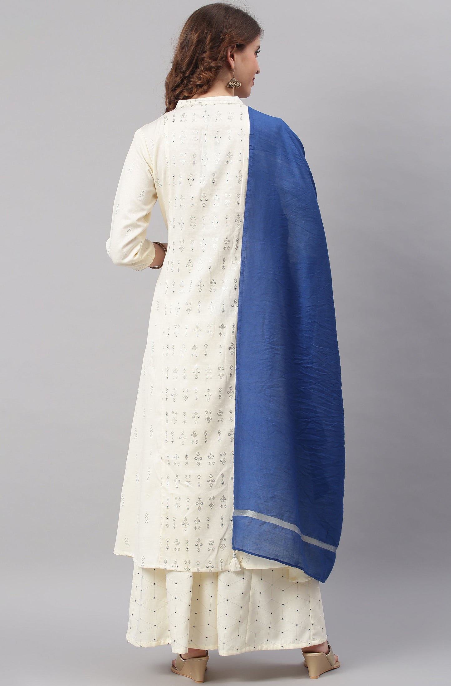 Janasya Women's Off- White Poly Silk Ethnic Motifs Kurta With Palazzo And Dupatta | Swadesiicart