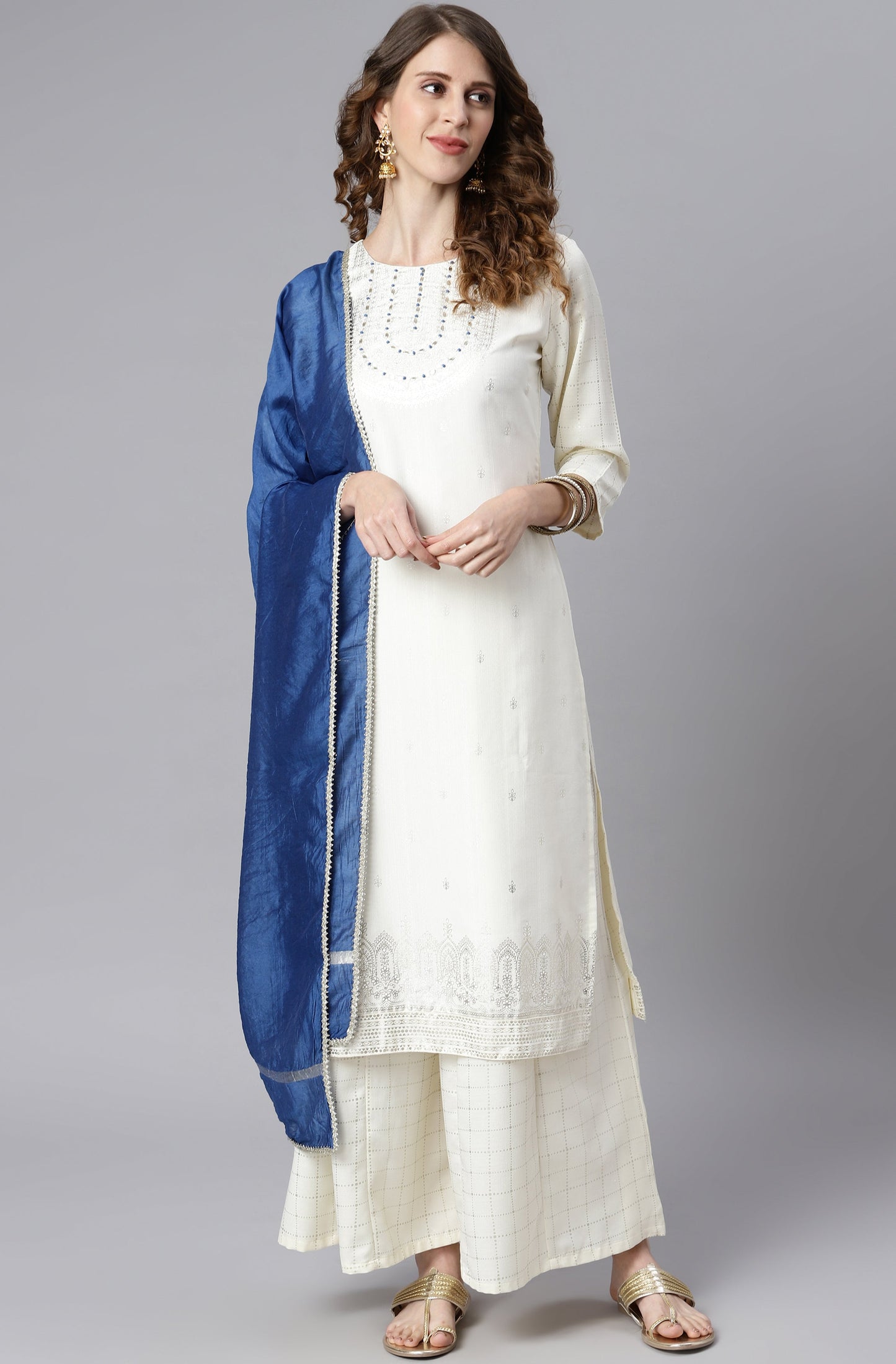 Janasya Women's Off- White Poly Silk Ethnic Motifs Kurta With Palazzo And Dupatta | Swadesiicart