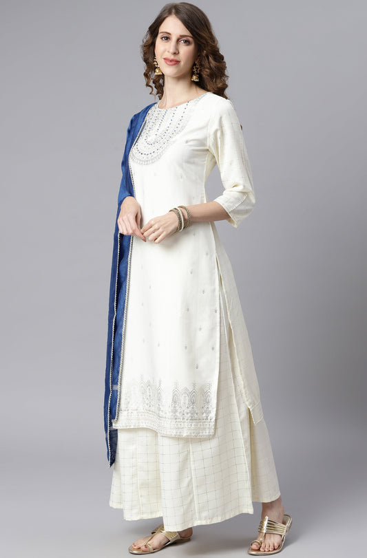 Janasya Women's Off- White Poly Silk Ethnic Motifs Kurta With Palazzo And Dupatta | Swadesiicart