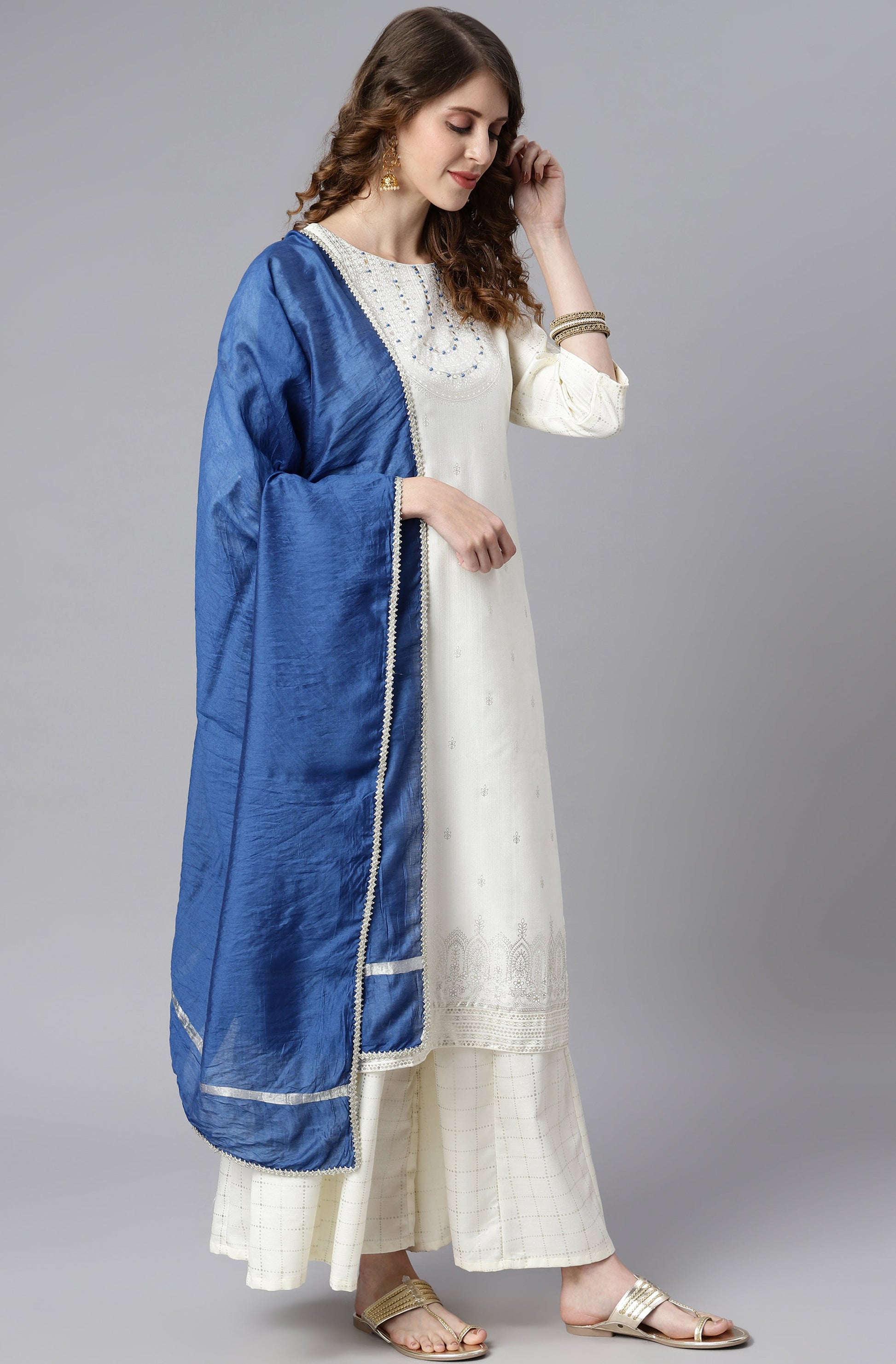 Janasya Women's Off- White Poly Silk Ethnic Motifs Kurta With Palazzo And Dupatta | Swadesiicart