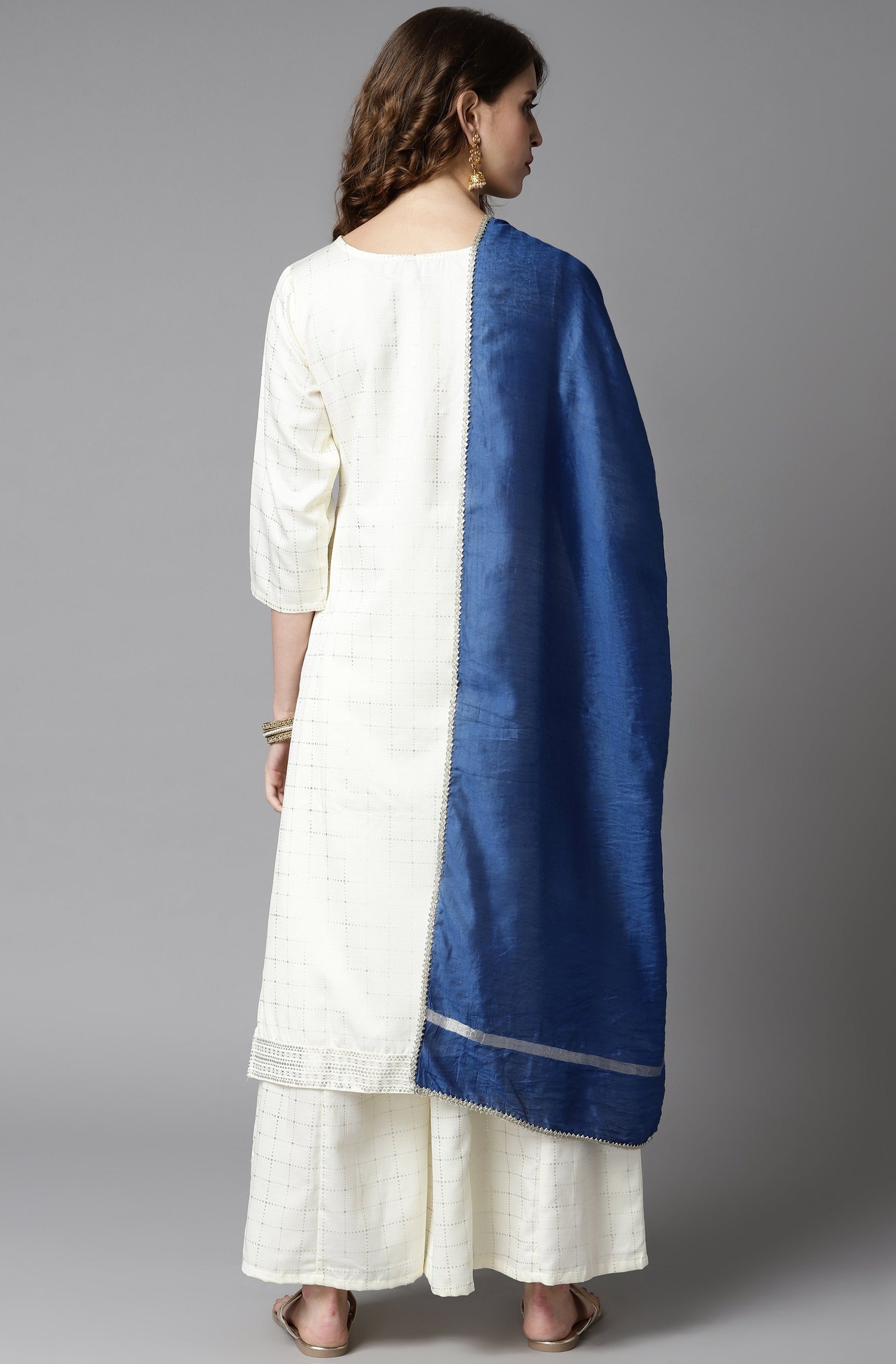 Janasya Women's Off- White Poly Silk Ethnic Motifs Kurta With Palazzo And Dupatta | Swadesiicart