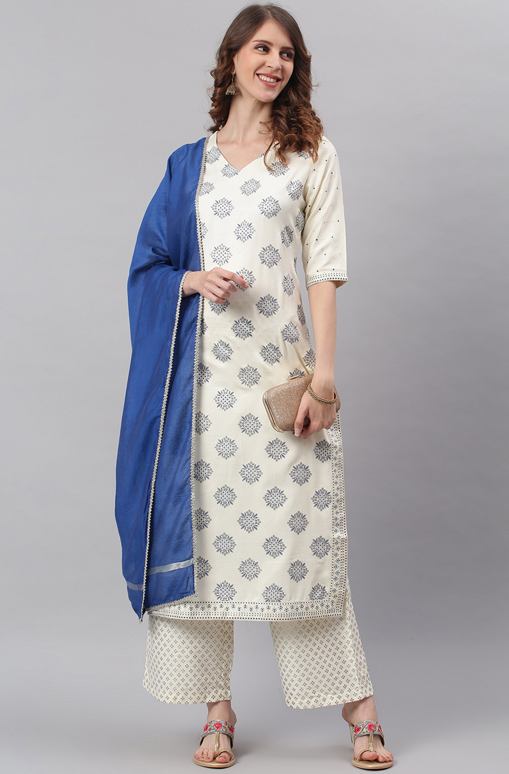 Janasya Women's Off- White Poly Silk Ethnic Motifs Kurta With Palazzo And Dupatta | Swadesiicart
