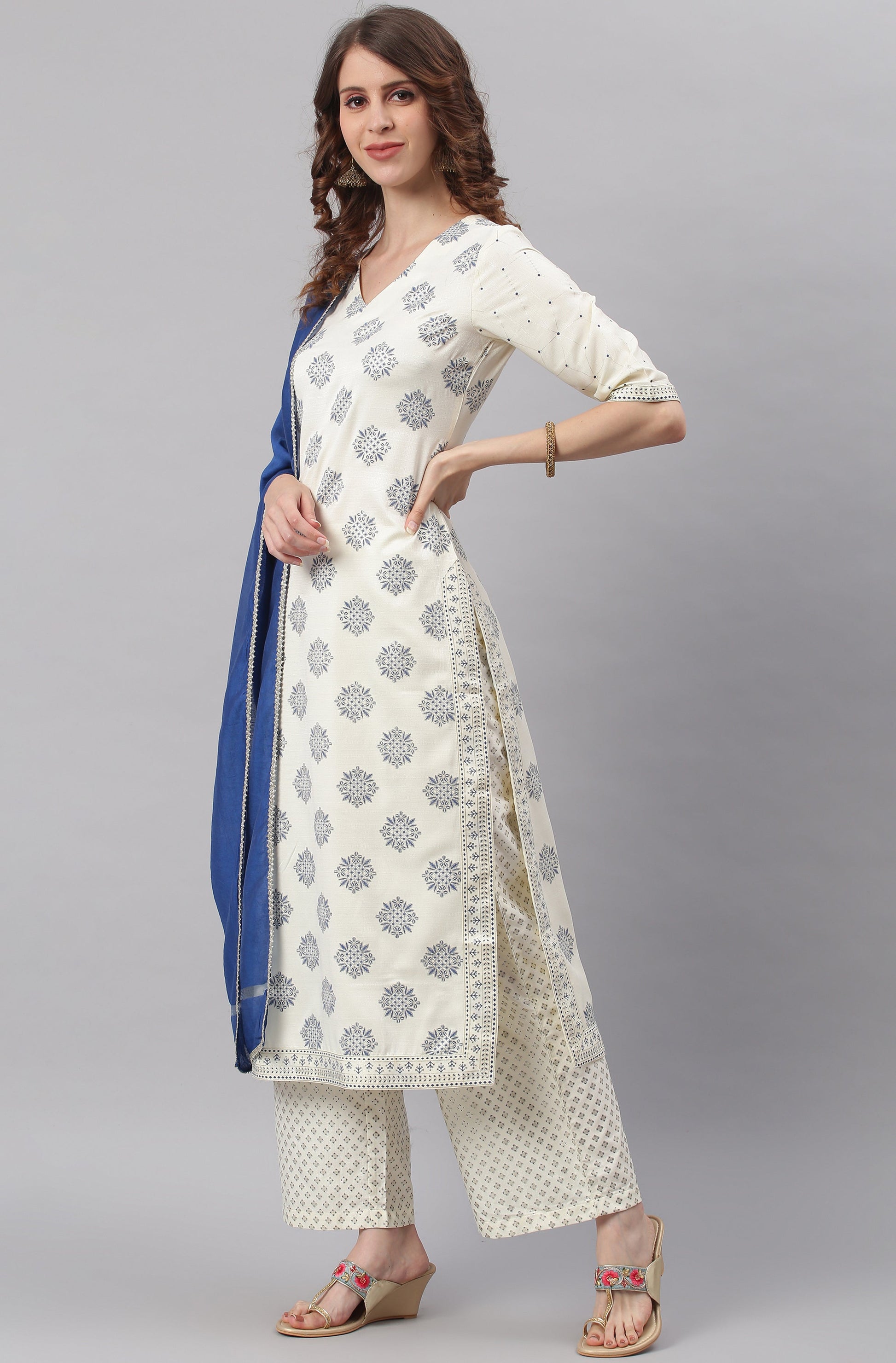 Janasya Women's Off- White Poly Silk Ethnic Motifs Kurta With Palazzo And Dupatta | Swadesiicart