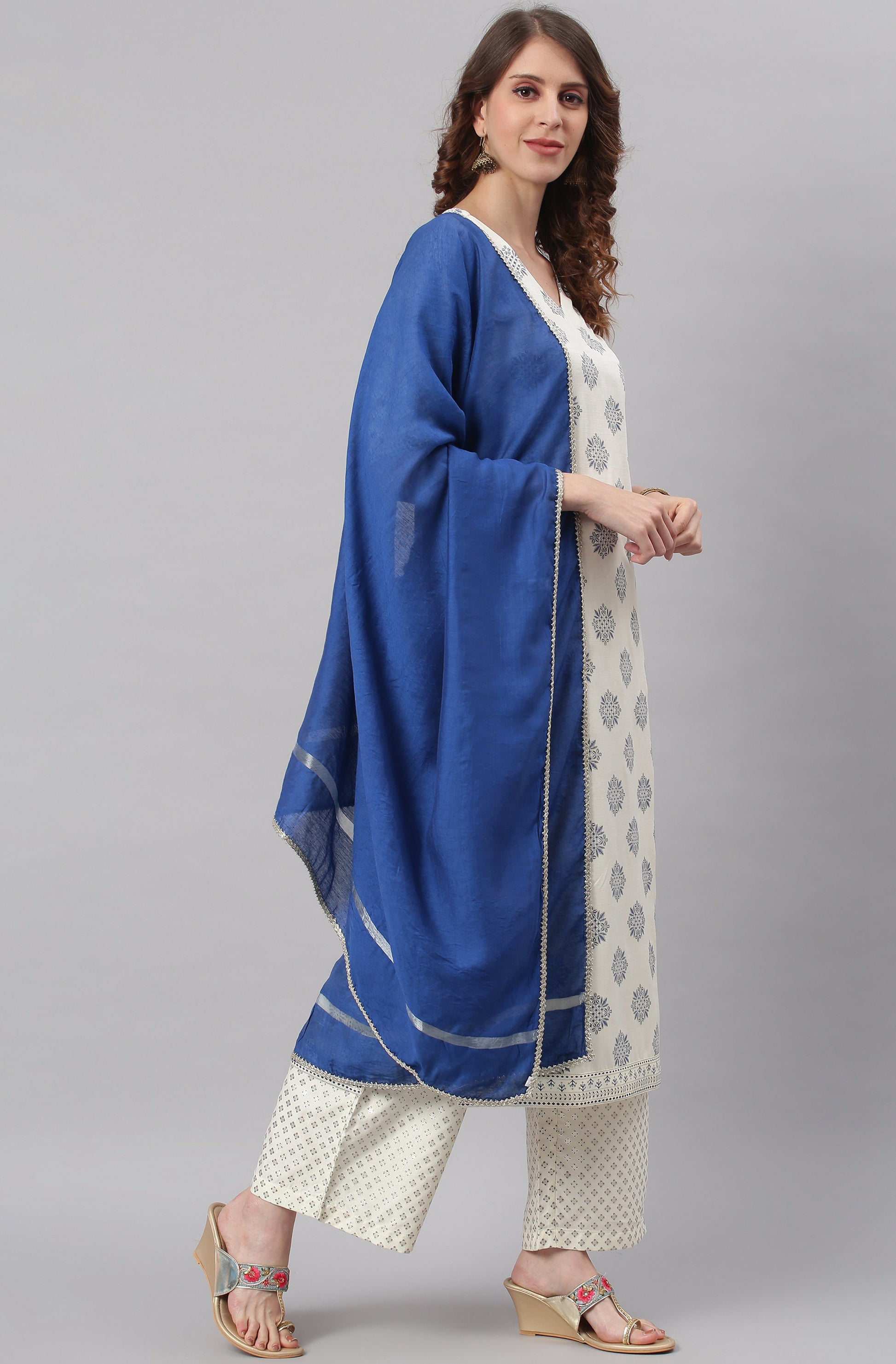 Janasya Women's Off- White Poly Silk Ethnic Motifs Kurta With Palazzo And Dupatta | Swadesiicart
