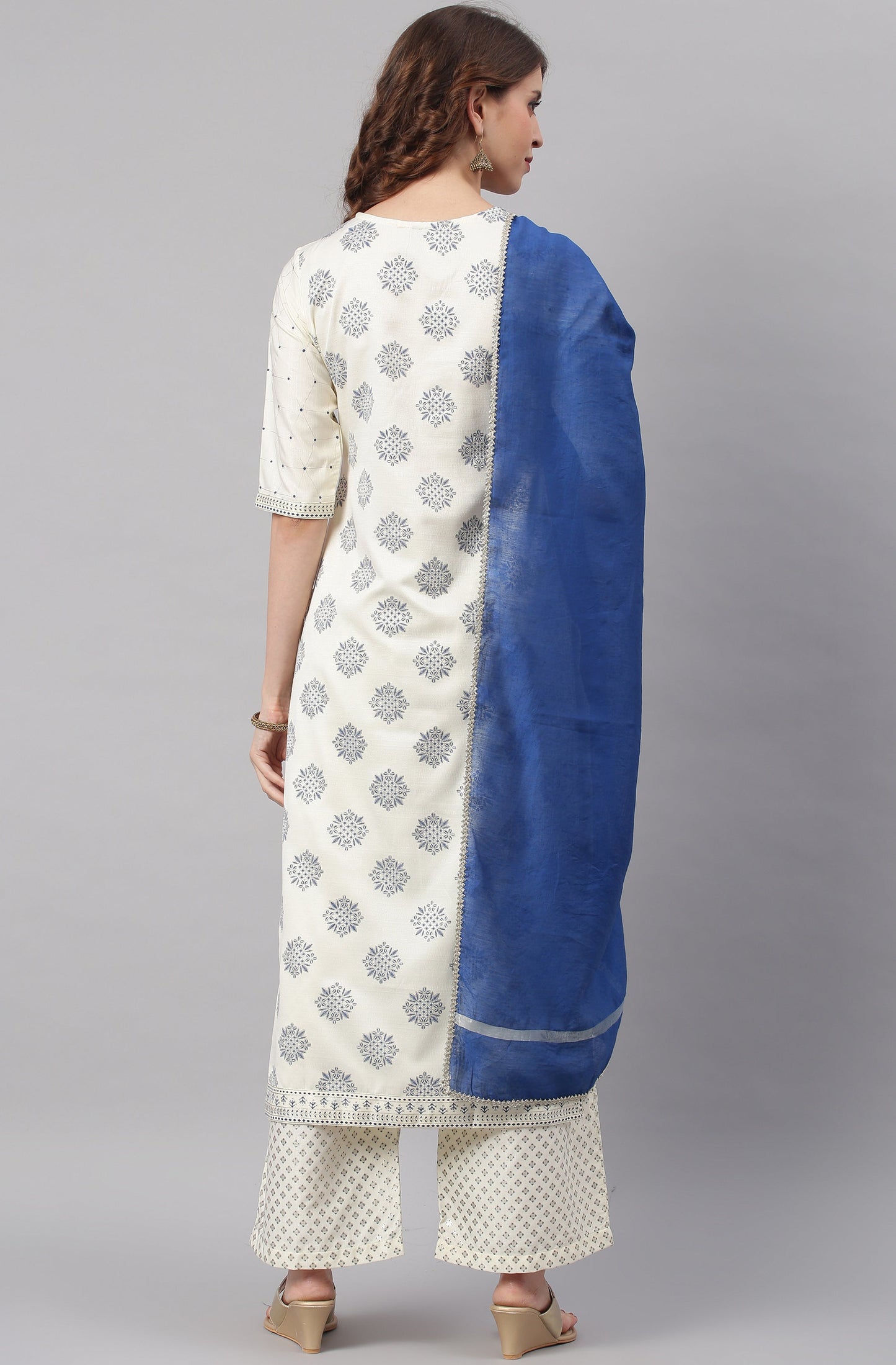 Janasya Women's Off- White Poly Silk Ethnic Motifs Kurta With Palazzo And Dupatta | Swadesiicart