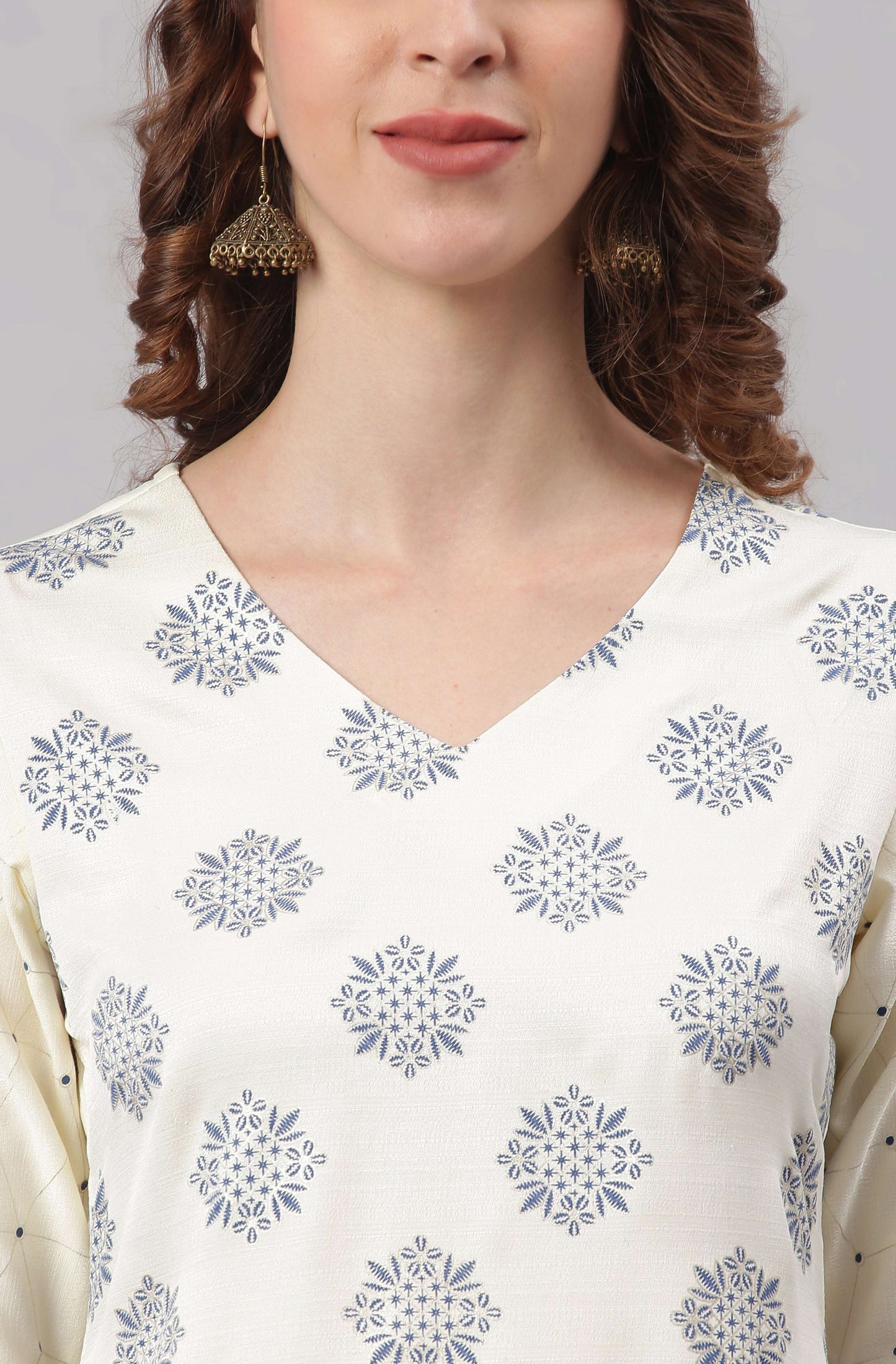 Janasya Women's Off- White Poly Silk Ethnic Motifs Kurta With Palazzo And Dupatta | Swadesiicart