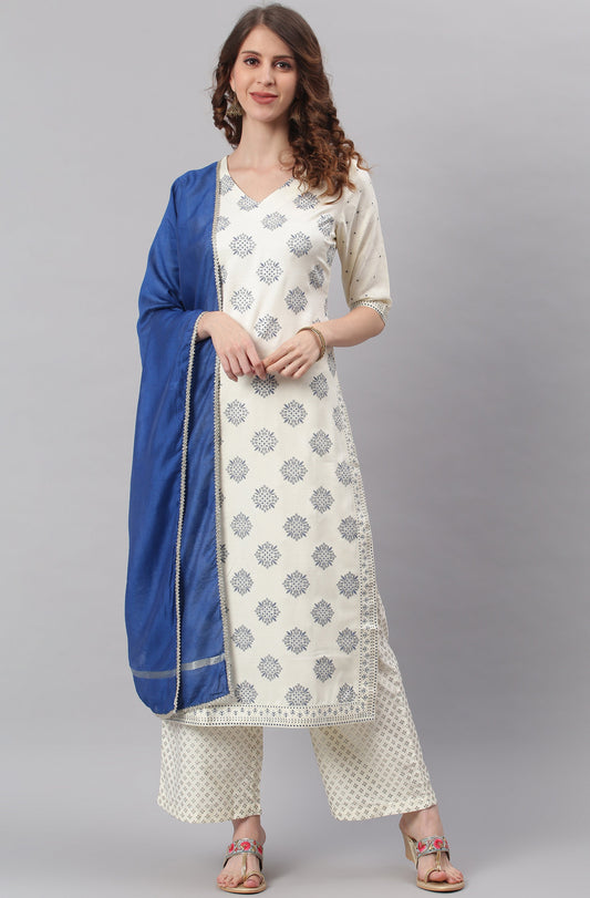 Janasya Women's Off- White Poly Silk Ethnic Motifs Kurta With Palazzo And Dupatta | Swadesiicart