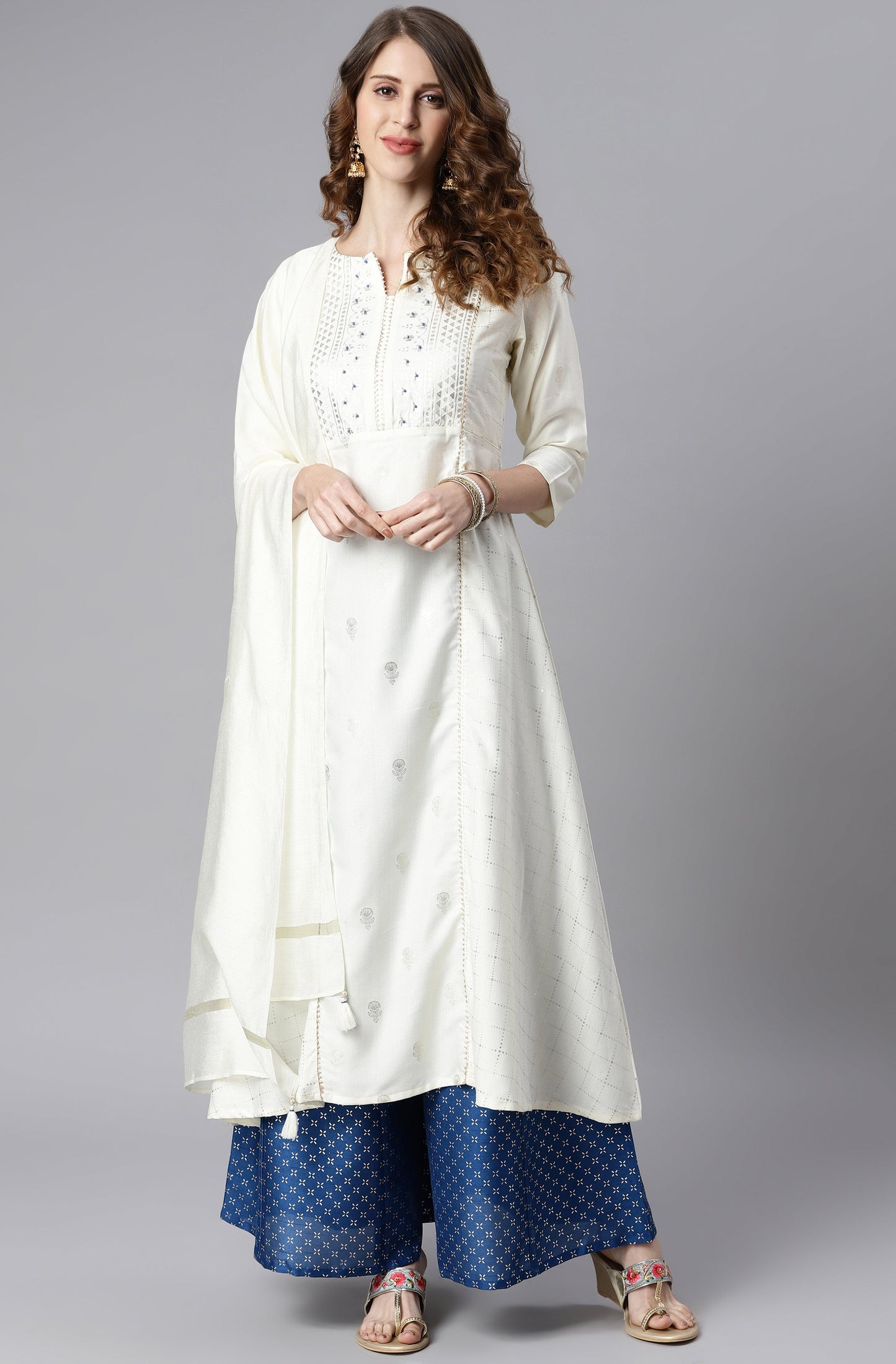 Janasya Women's Off- White Poly Silk Ethnic Motifs Kurta With Palazzo And Dupatta | Swadesiicart