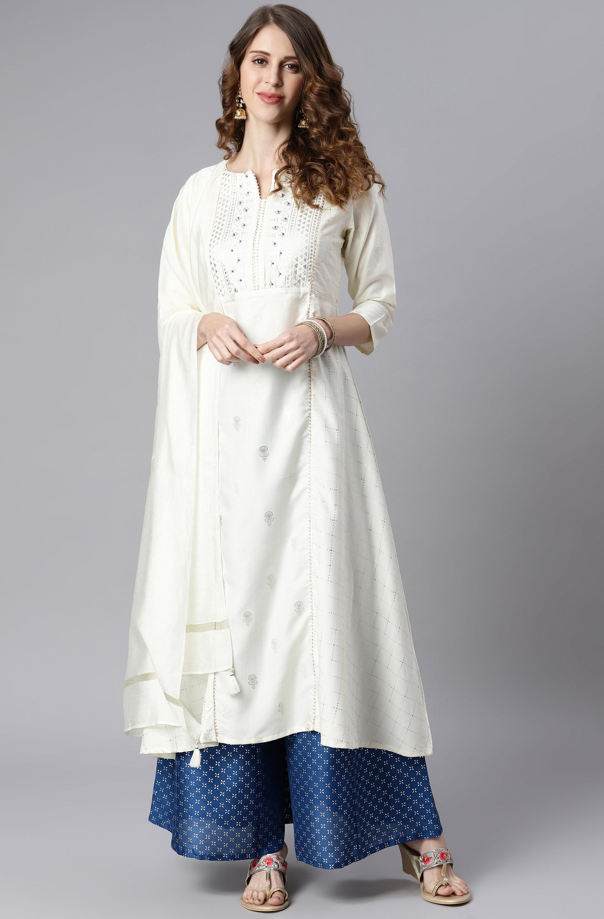 Janasya Women's Off- White Poly Silk Ethnic Motifs Kurta With Palazzo And Dupatta | Swadesiicart