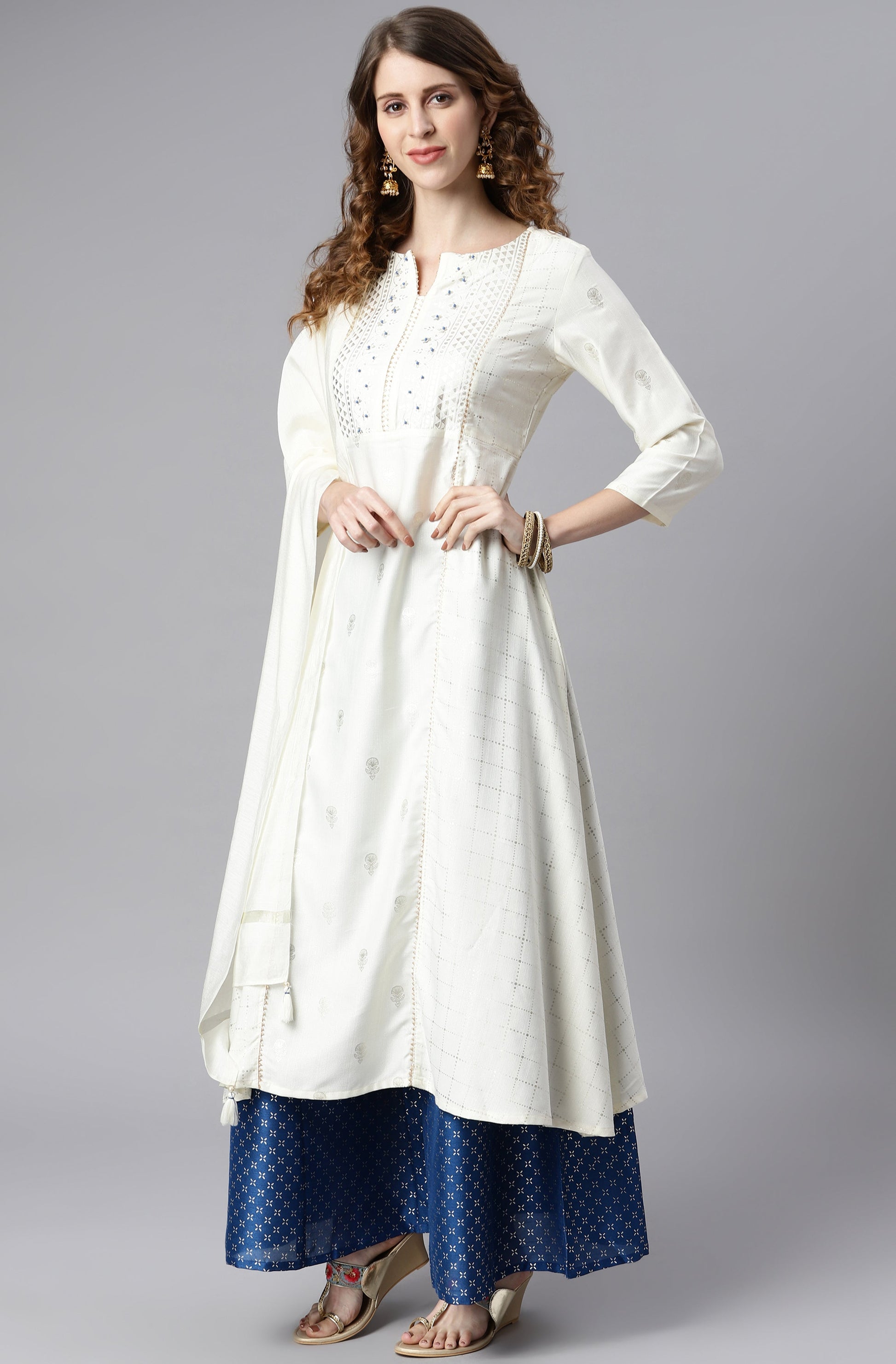 Janasya Women's Off- White Poly Silk Ethnic Motifs Kurta With Palazzo And Dupatta | Swadesiicart