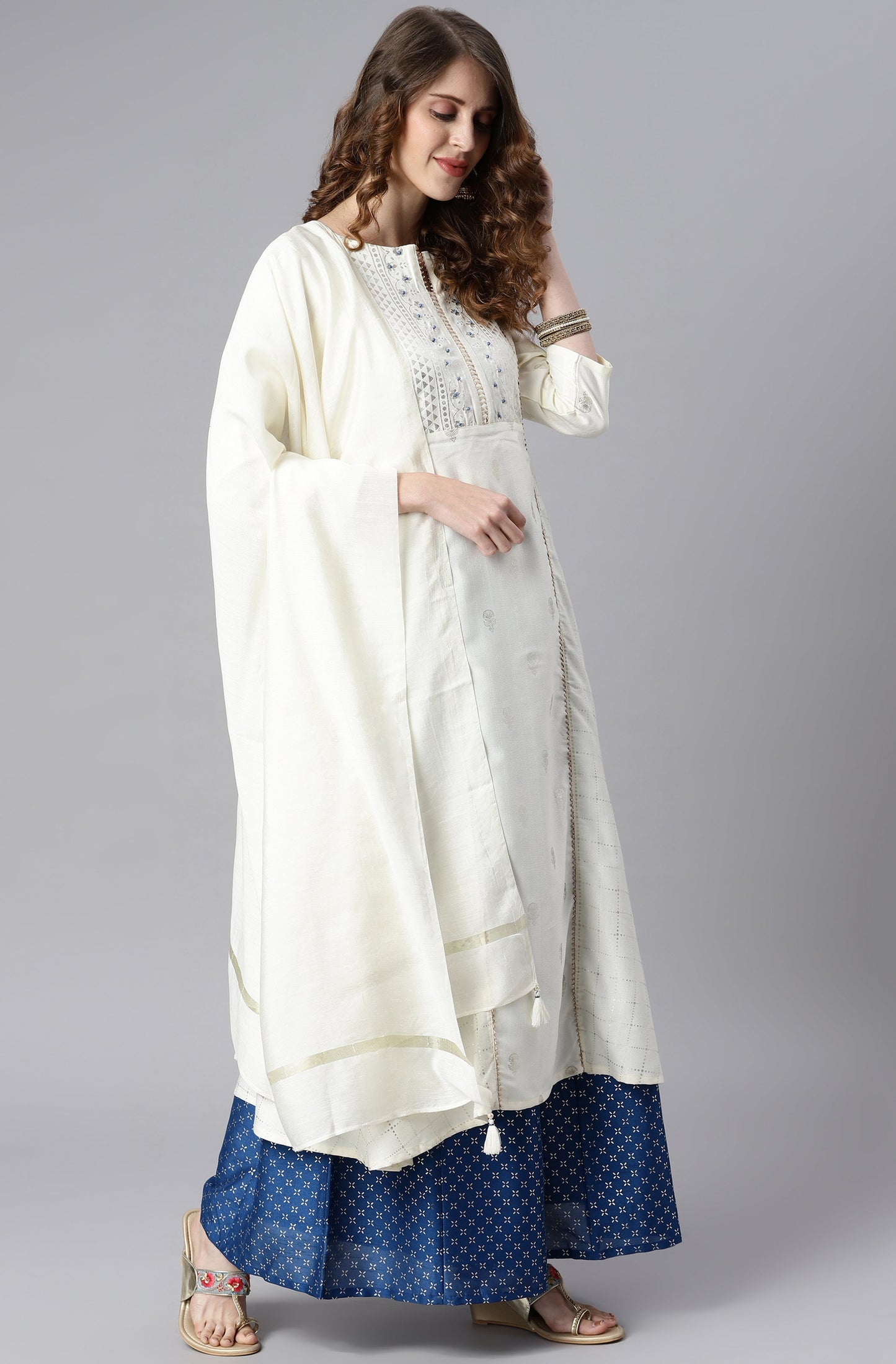 Janasya Women's Off- White Poly Silk Ethnic Motifs Kurta With Palazzo And Dupatta | Swadesiicart