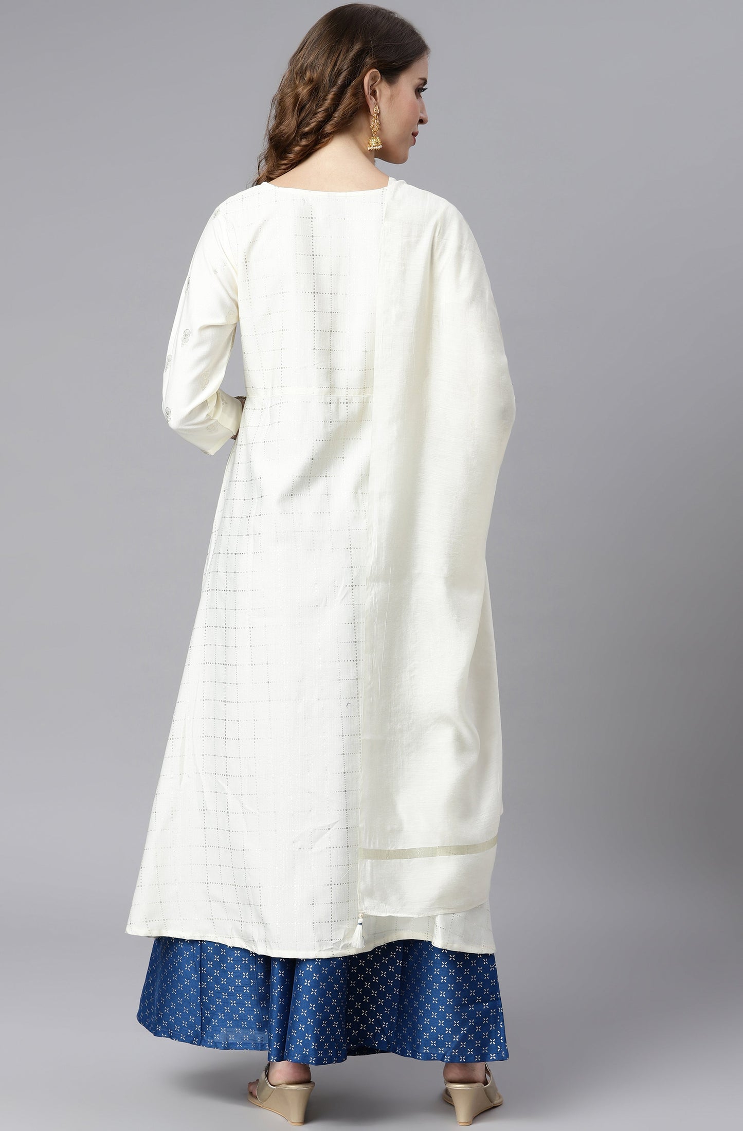 Janasya Women's Off- White Poly Silk Ethnic Motifs Kurta With Palazzo And Dupatta | Swadesiicart