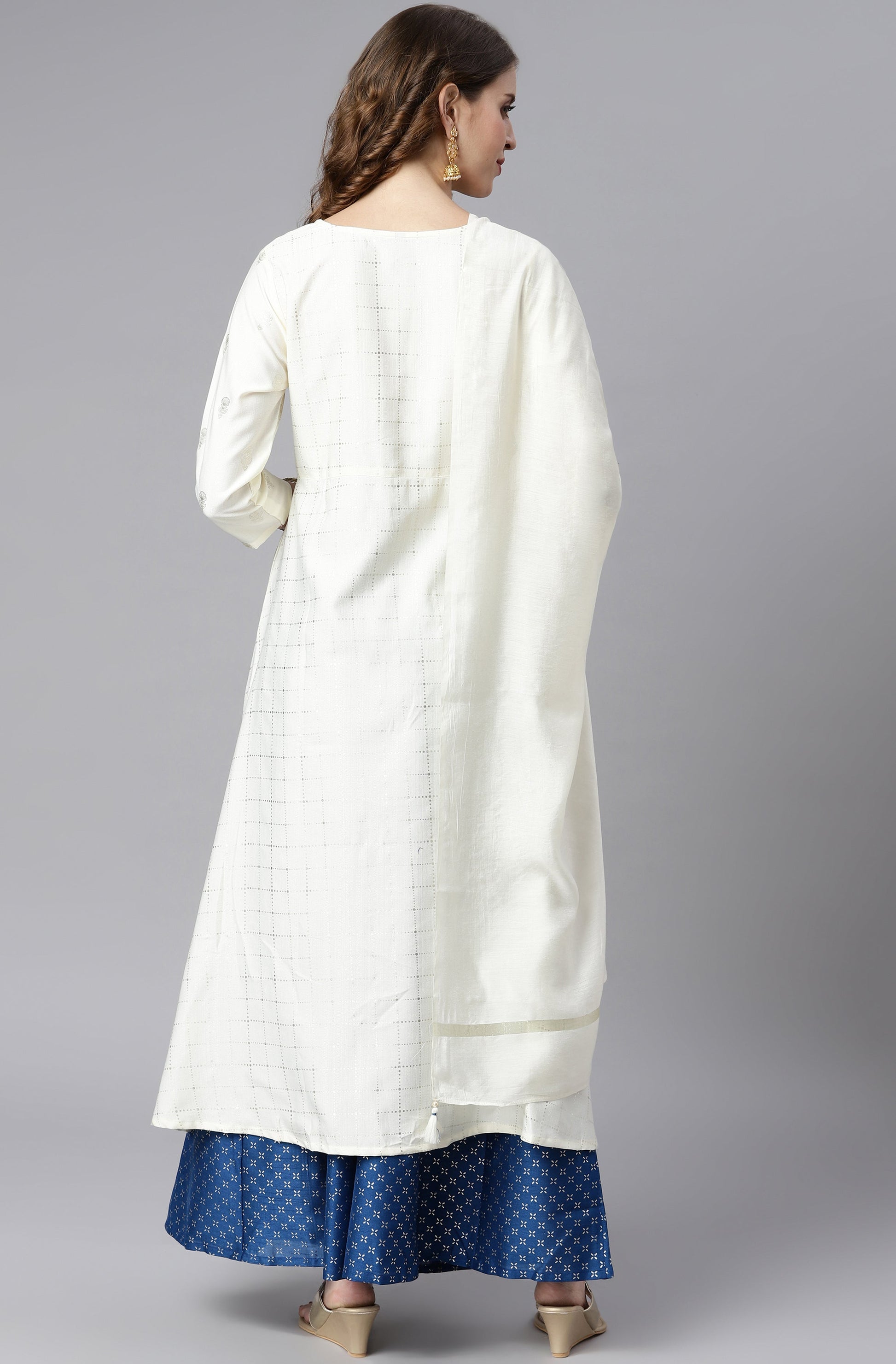 Janasya Women's Off- White Poly Silk Ethnic Motifs Kurta With Palazzo And Dupatta | Swadesiicart
