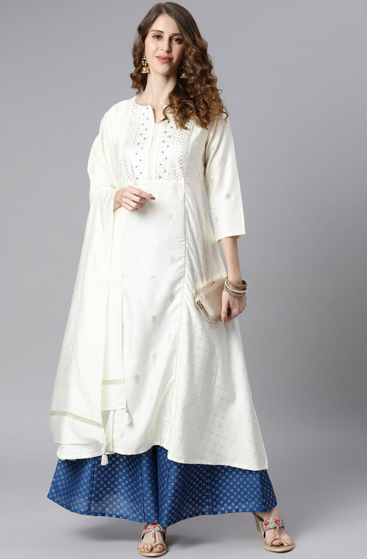 Janasya Women's Off- White Poly Silk Ethnic Motifs Kurta With Palazzo And Dupatta | Swadesiicart