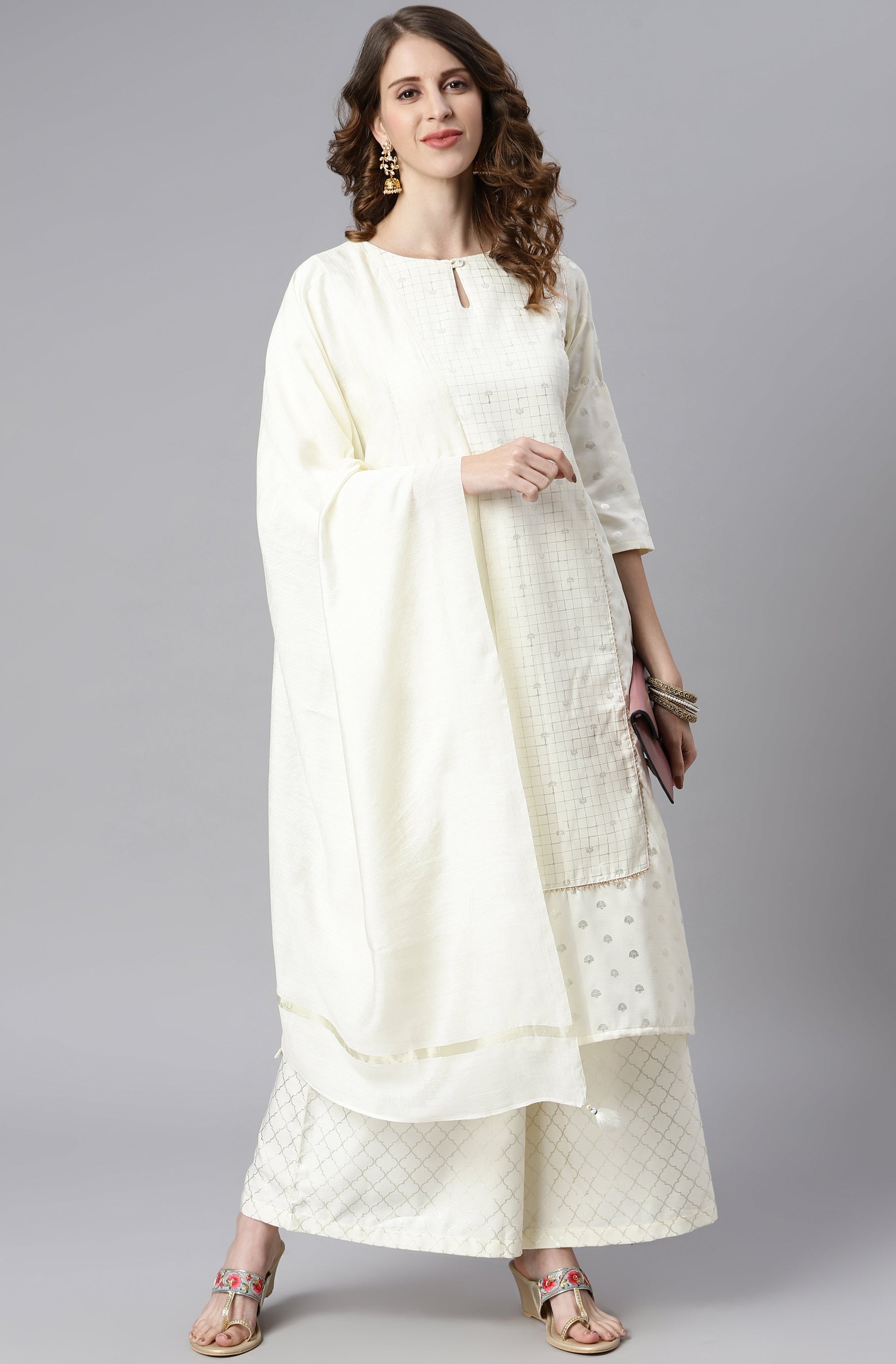 Janasya Women's Off- White Poly Silk Ethnic Motifs Kurta With Palazzo And Dupatta | Swadesiicart