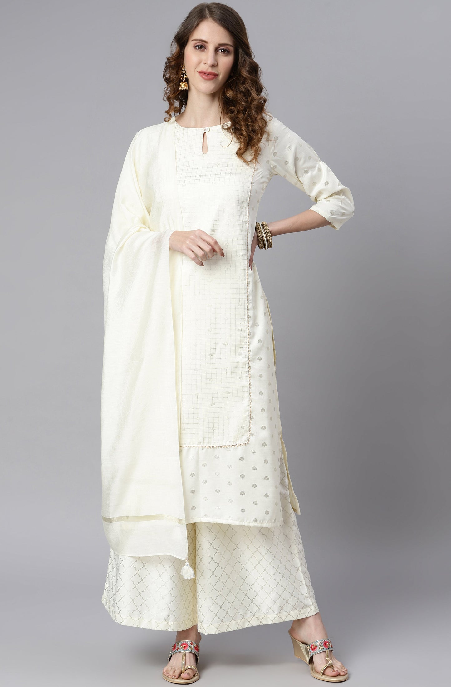 Janasya Women's Off- White Poly Silk Ethnic Motifs Kurta With Palazzo And Dupatta | Swadesiicart
