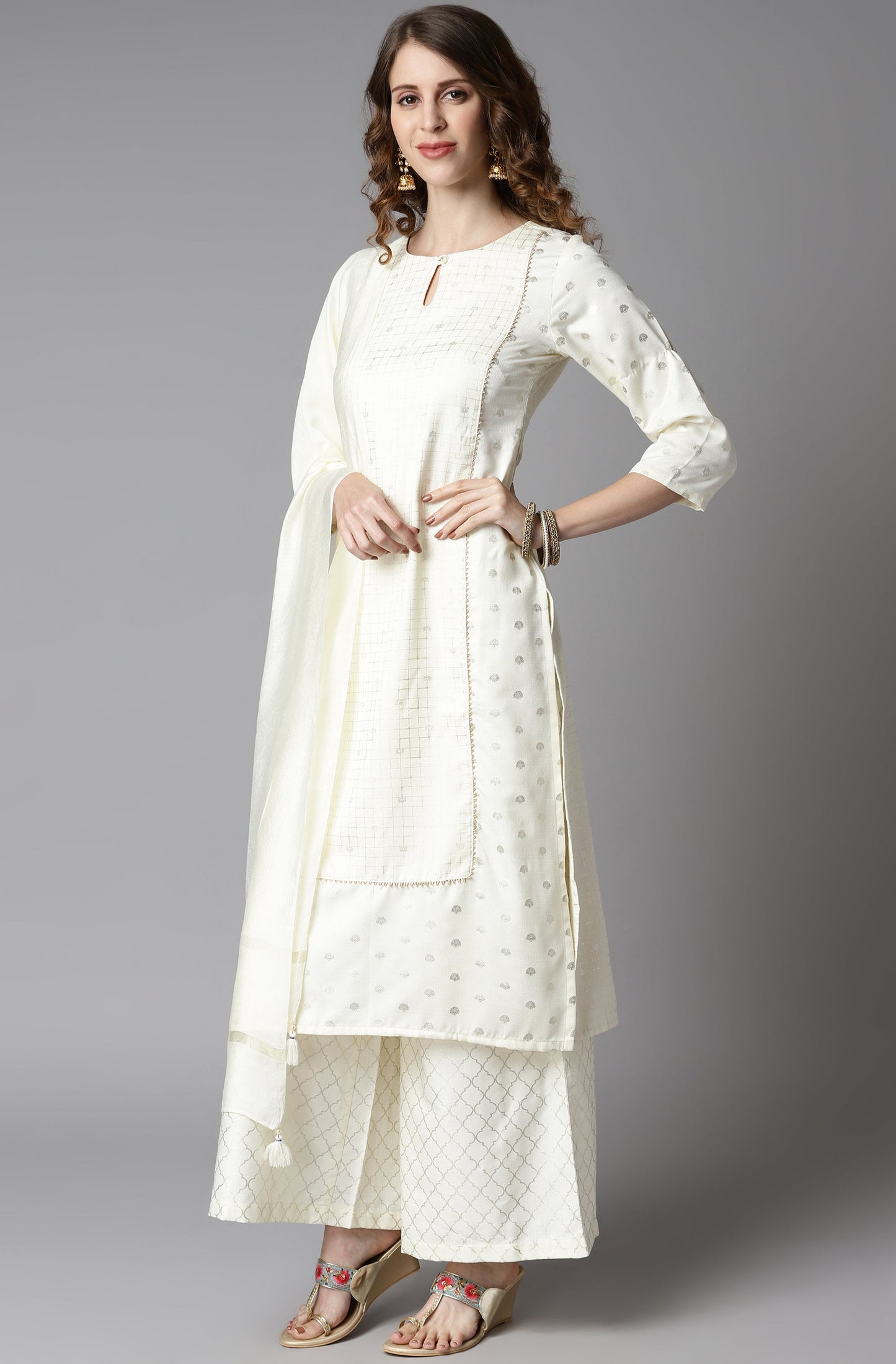 Janasya Women's Off- White Poly Silk Ethnic Motifs Kurta With Palazzo And Dupatta | Swadesiicart